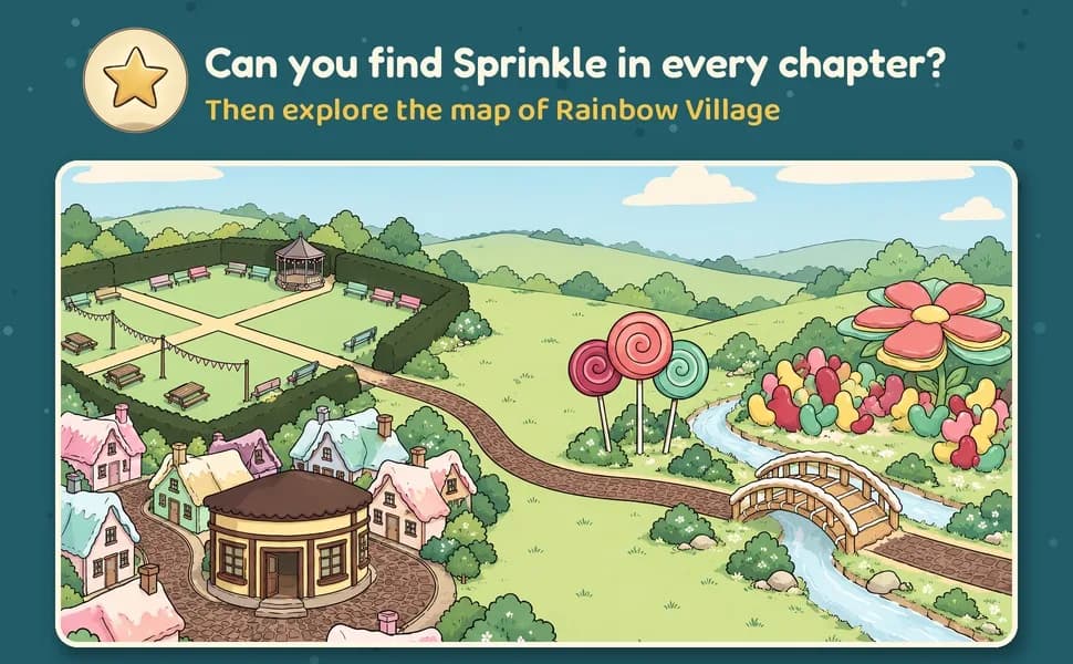 The map of Rainbow Village and Sprinkle the golden star