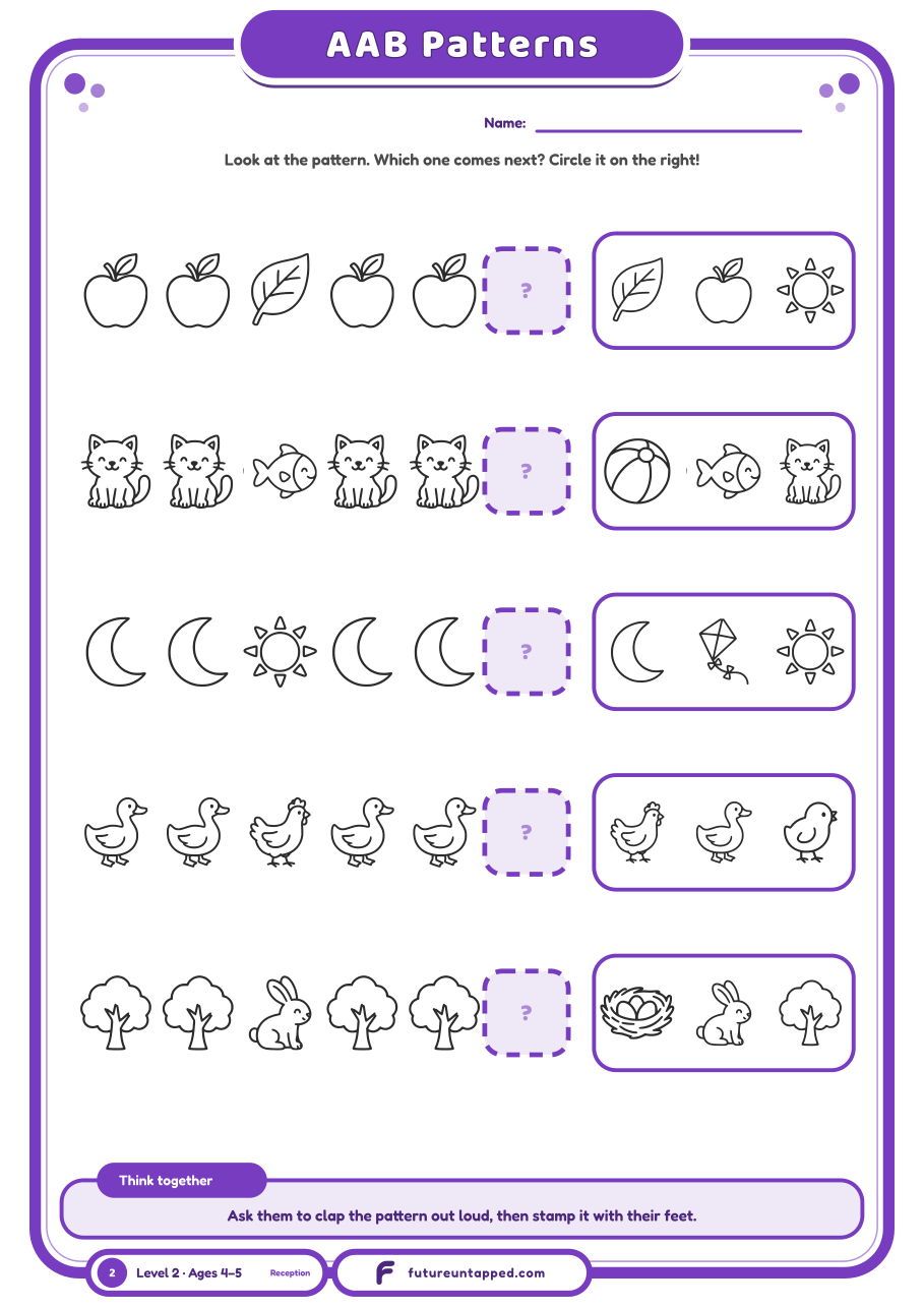 One free page: spot the AAB pattern (like cow-cow-sheep) and circle what comes next.