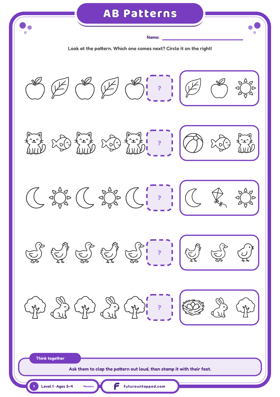 One free page: spot the AB pattern (like red-blue-red-blue) and circle what comes next.