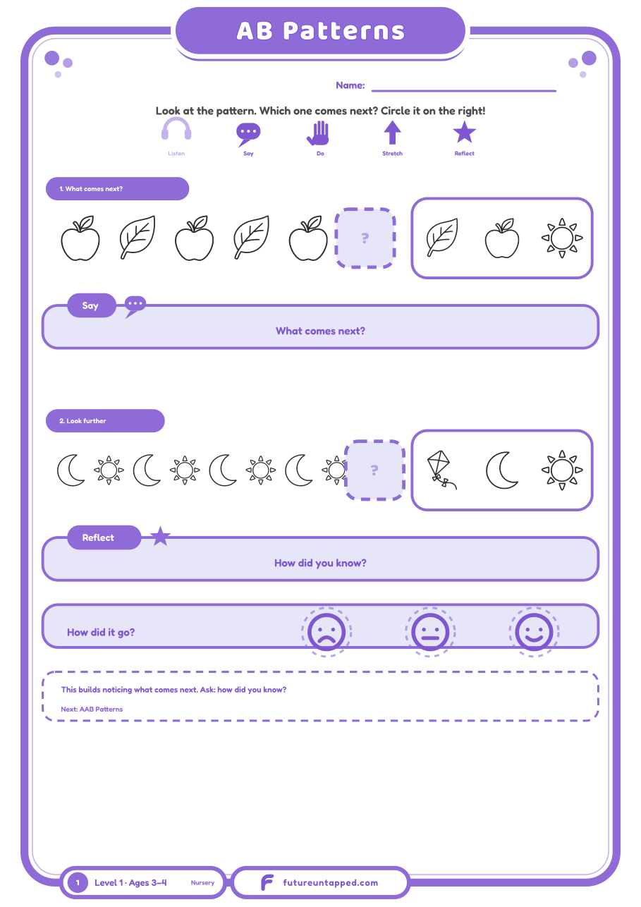 Free AB pattern worksheet for toddlers and preschool: spot the repeat (apple, leaf, apple, leaf) and circle what comes next. Printable PDF, A4 and Letter, no email.