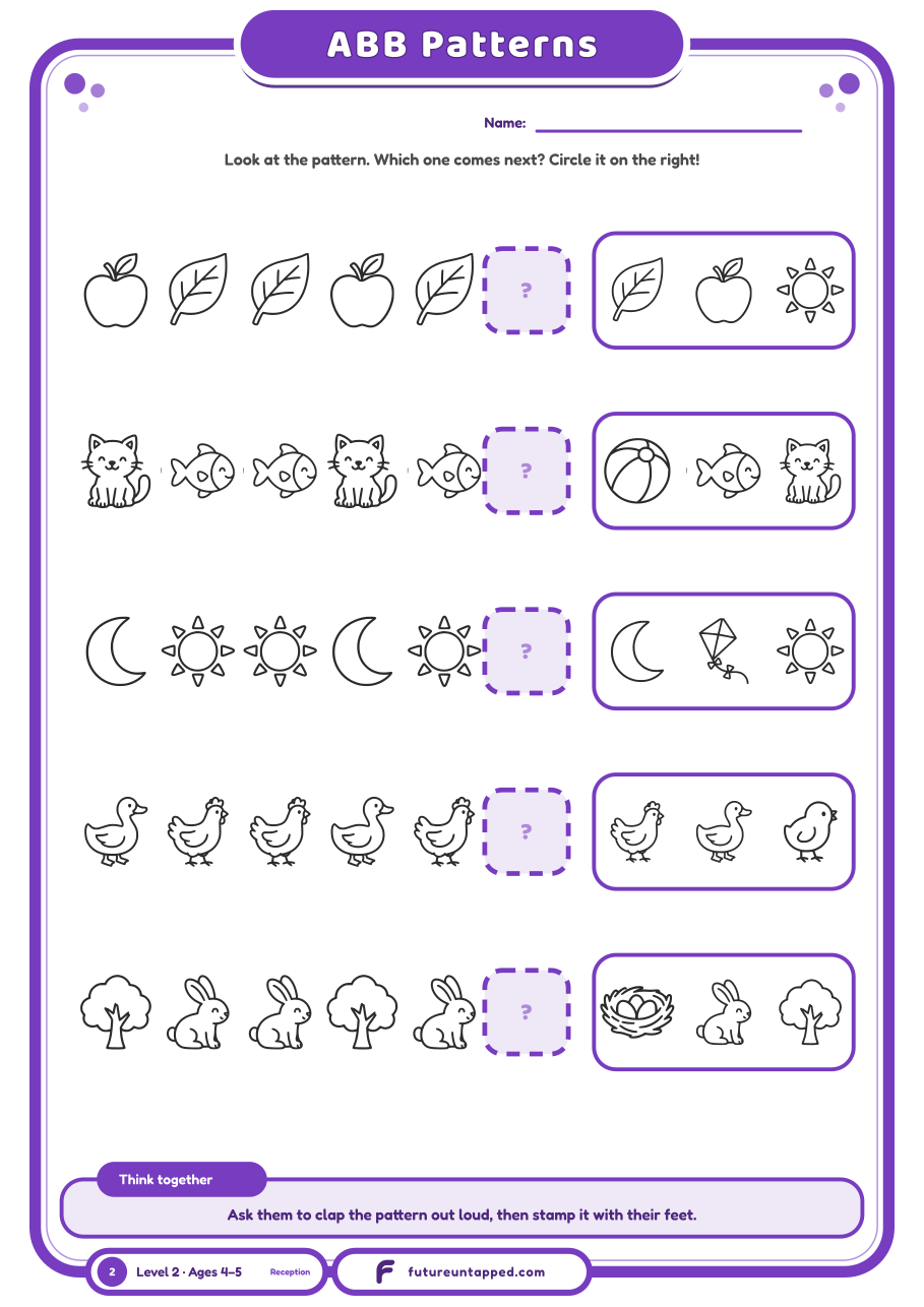 One free page: spot the ABB pattern (like cow-sheep-sheep) and circle what comes next.