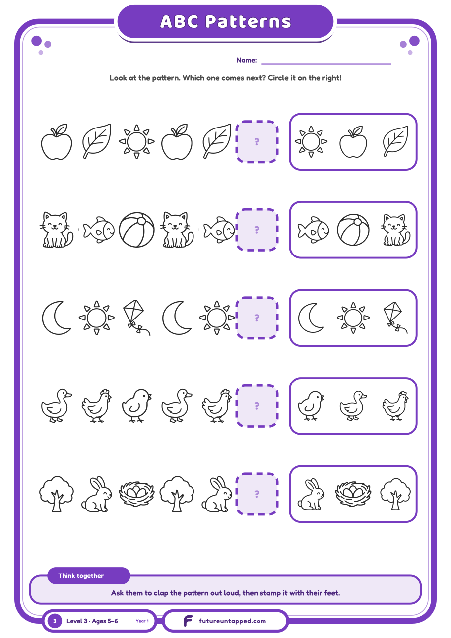 One free page: spot the ABC pattern (a three-element repeat) and circle what comes next.