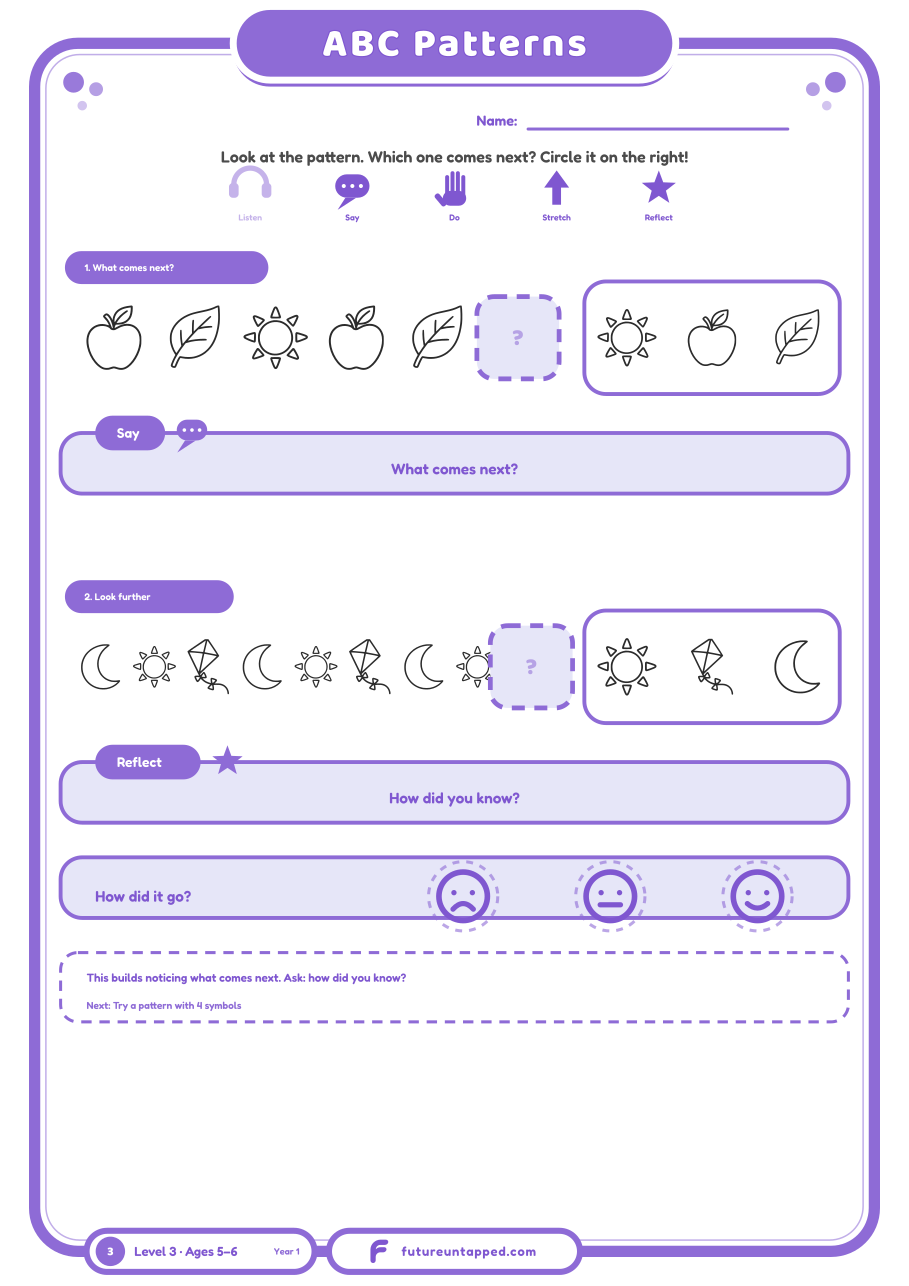 One free page: spot the ABC pattern (a three-element repeat) and circle what comes next.