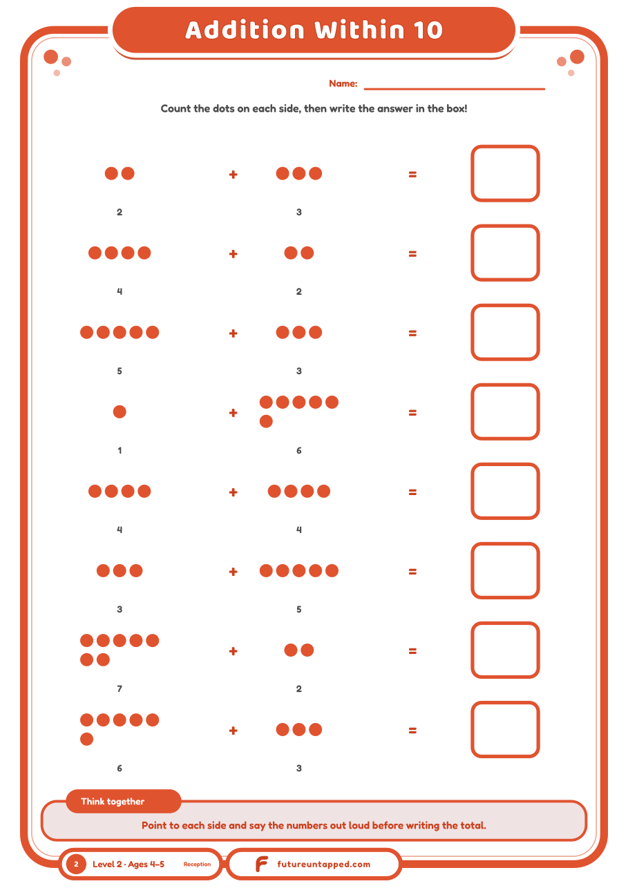 One free page: count the dots on each side, then write the total — addition within 10.