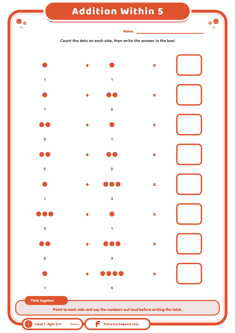 One free page: count the dots, write the sum — addition within 5.
