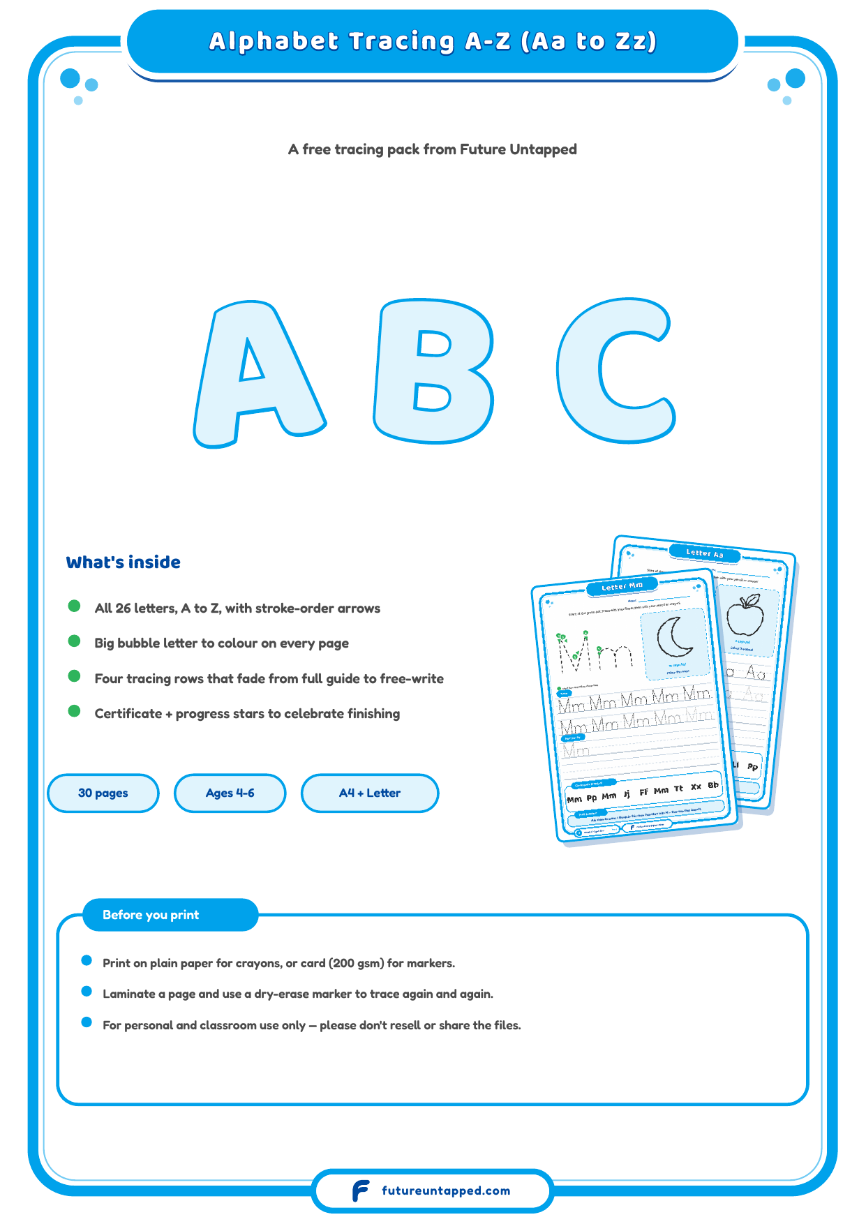 Cover of the Alphabet Tracing A-Z (Aa to Zz) practice pack, showing letters Aa, Bb and Cc with a summary of what's inside and the page count