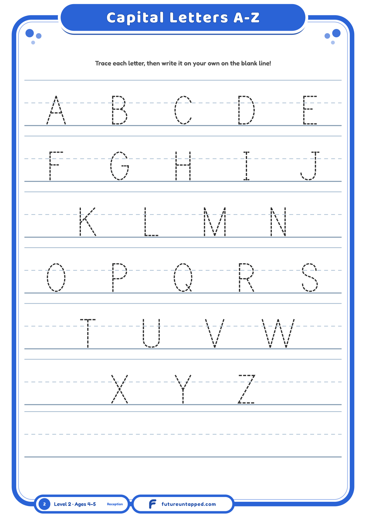 Alphabet tracing worksheet showing capital letters A through Z on dashed trace lines above ruled writing lines