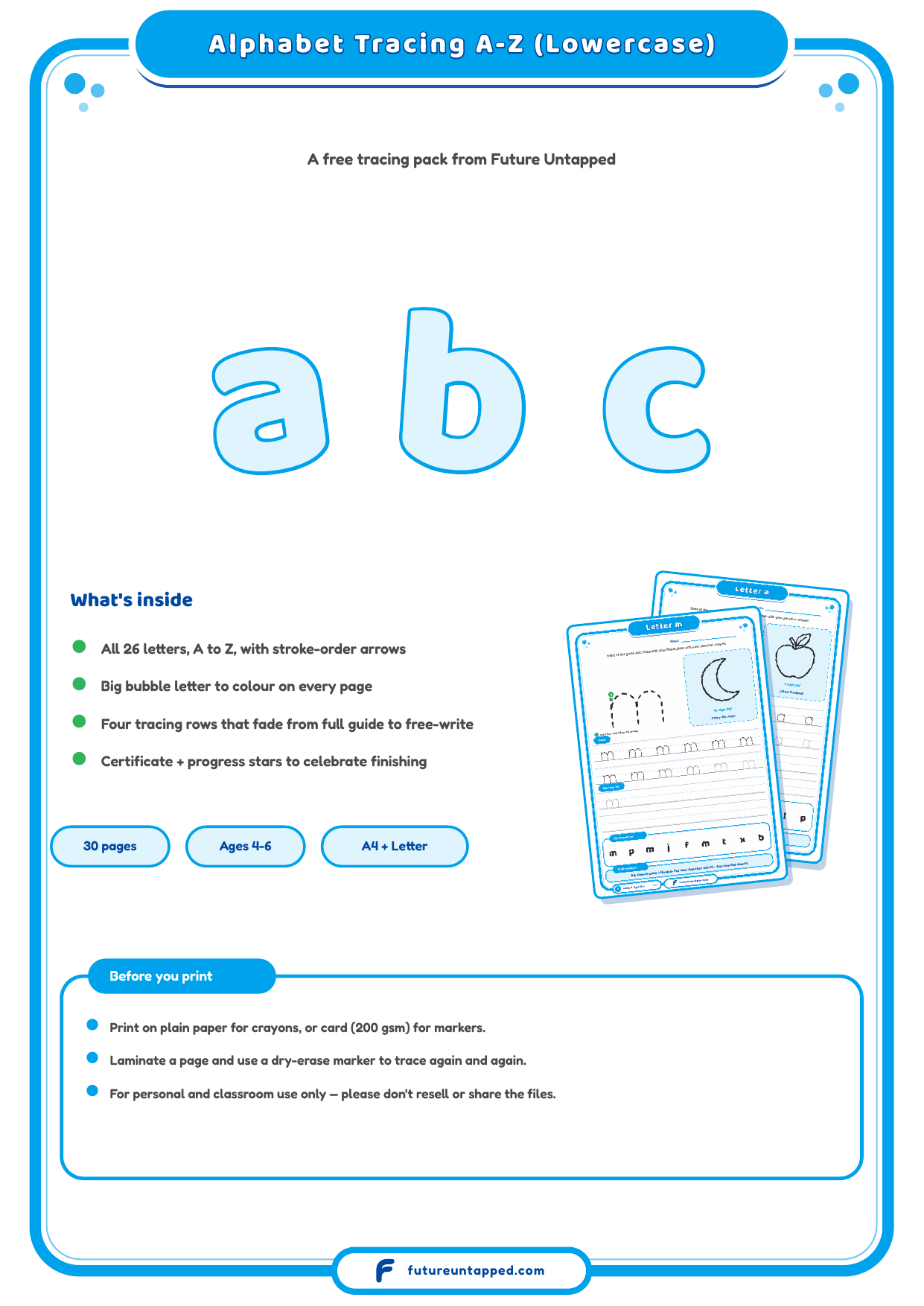 Cover of the Alphabet Tracing A-Z (Lowercase) practice pack, showing letters a, b and c with a summary of what's inside and the page count