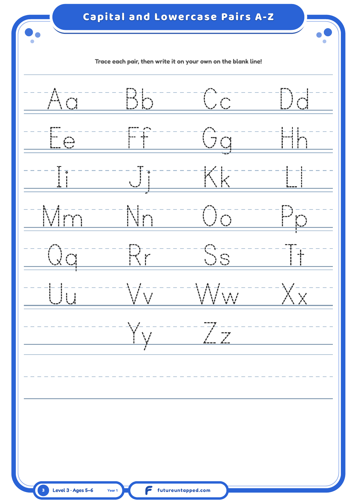 Alphabet tracing worksheet showing capital and lowercase letter pairs Aa through Zz on dashed trace lines above a ruled writing line
