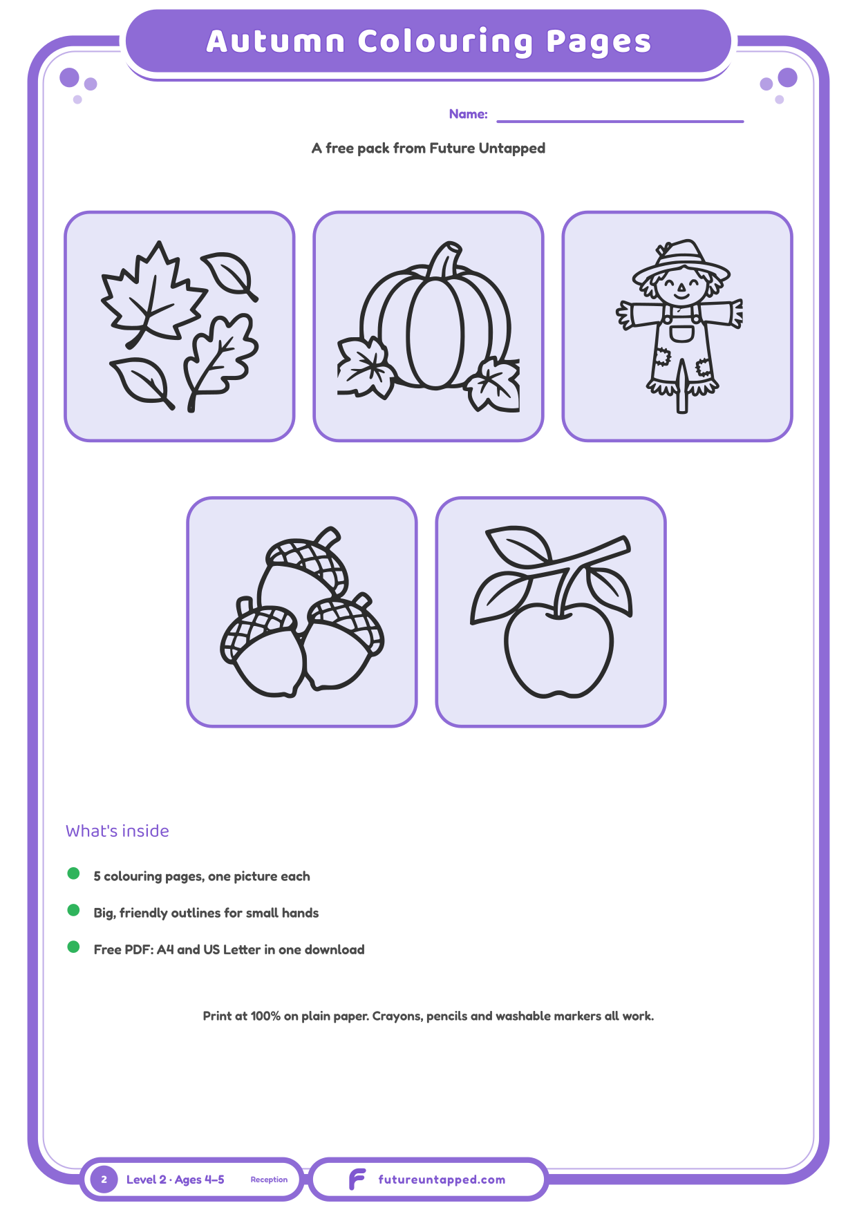 Cover of the free Autumn Coloring Pages pack showing five friendly pictures to colour in.