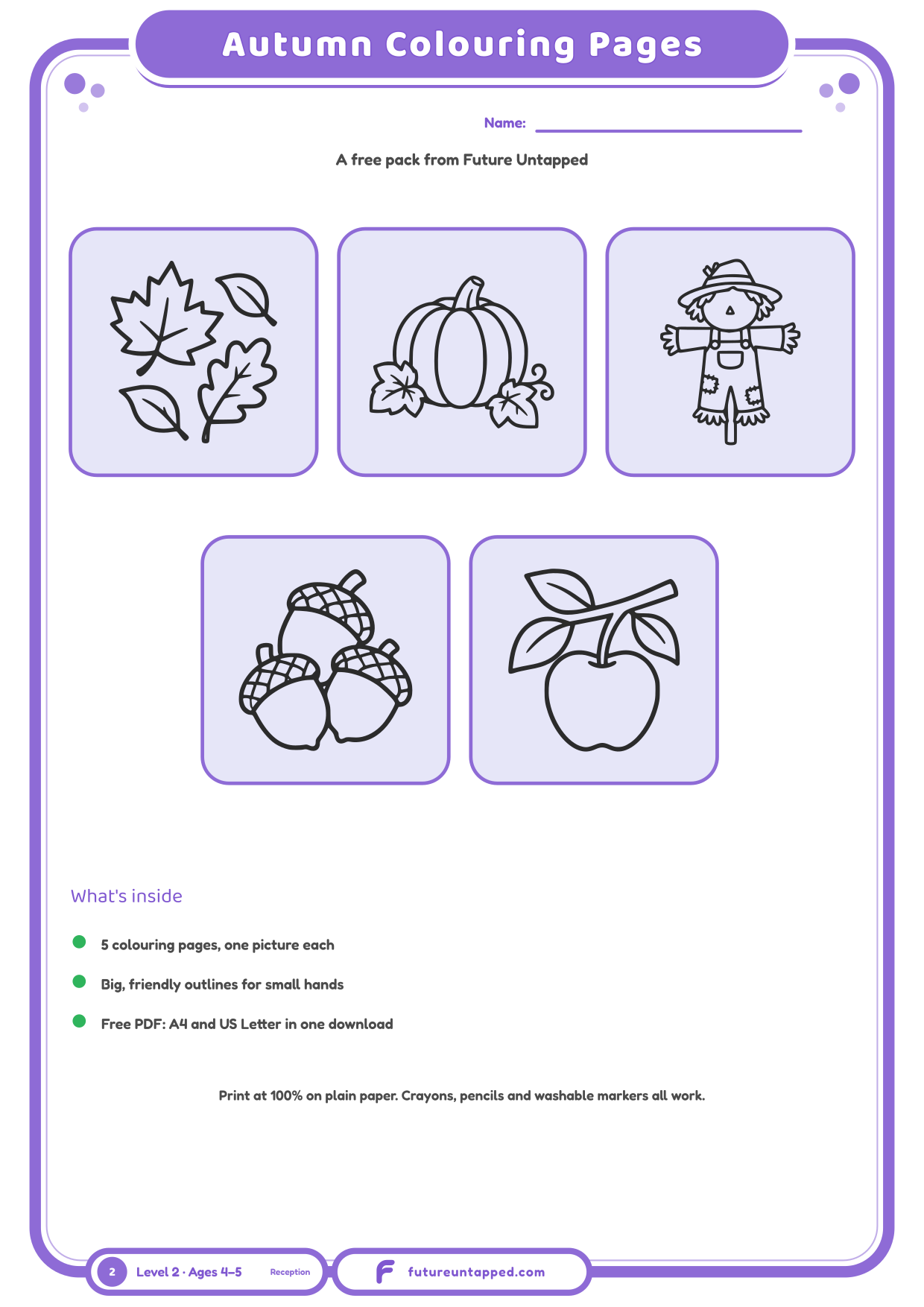Cover of the free Autumn Coloring Pages pack showing five friendly pictures to colour in.