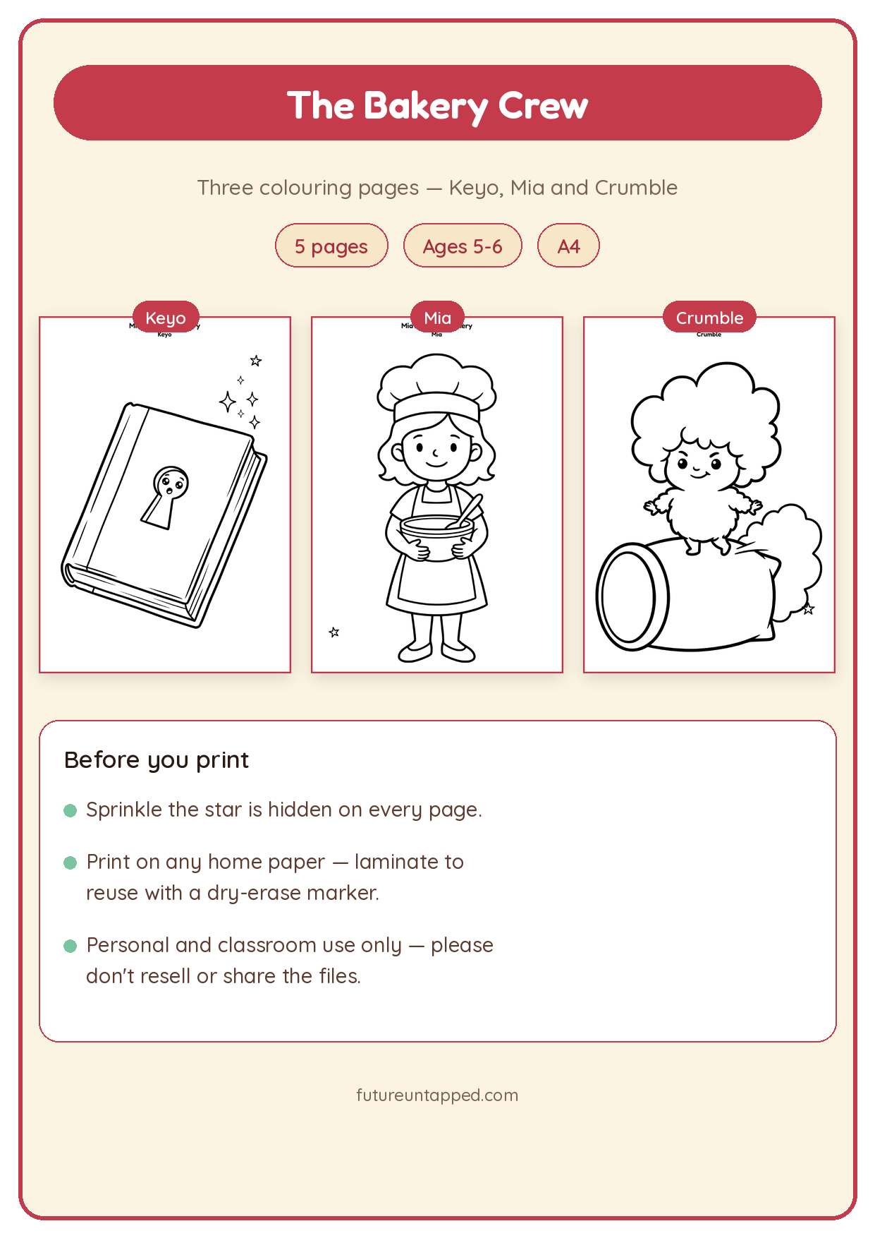 The Bakery Crew colouring pack: three colouring pages shown side by side — Keyo, Mia and Crumble — with 5 pages, Ages 5-6 and A4 badges, and a 'Before you print' tips box