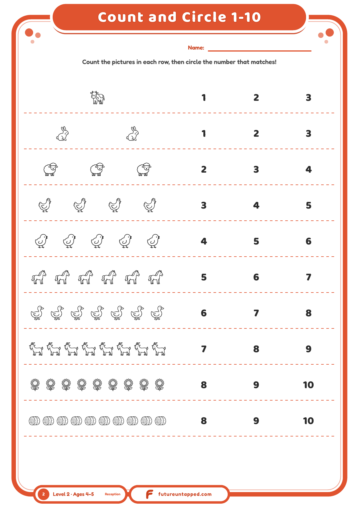 Count and Circle 1-10 quick sheet showing ten rows of farm pictures to count, each with three numbers to circle