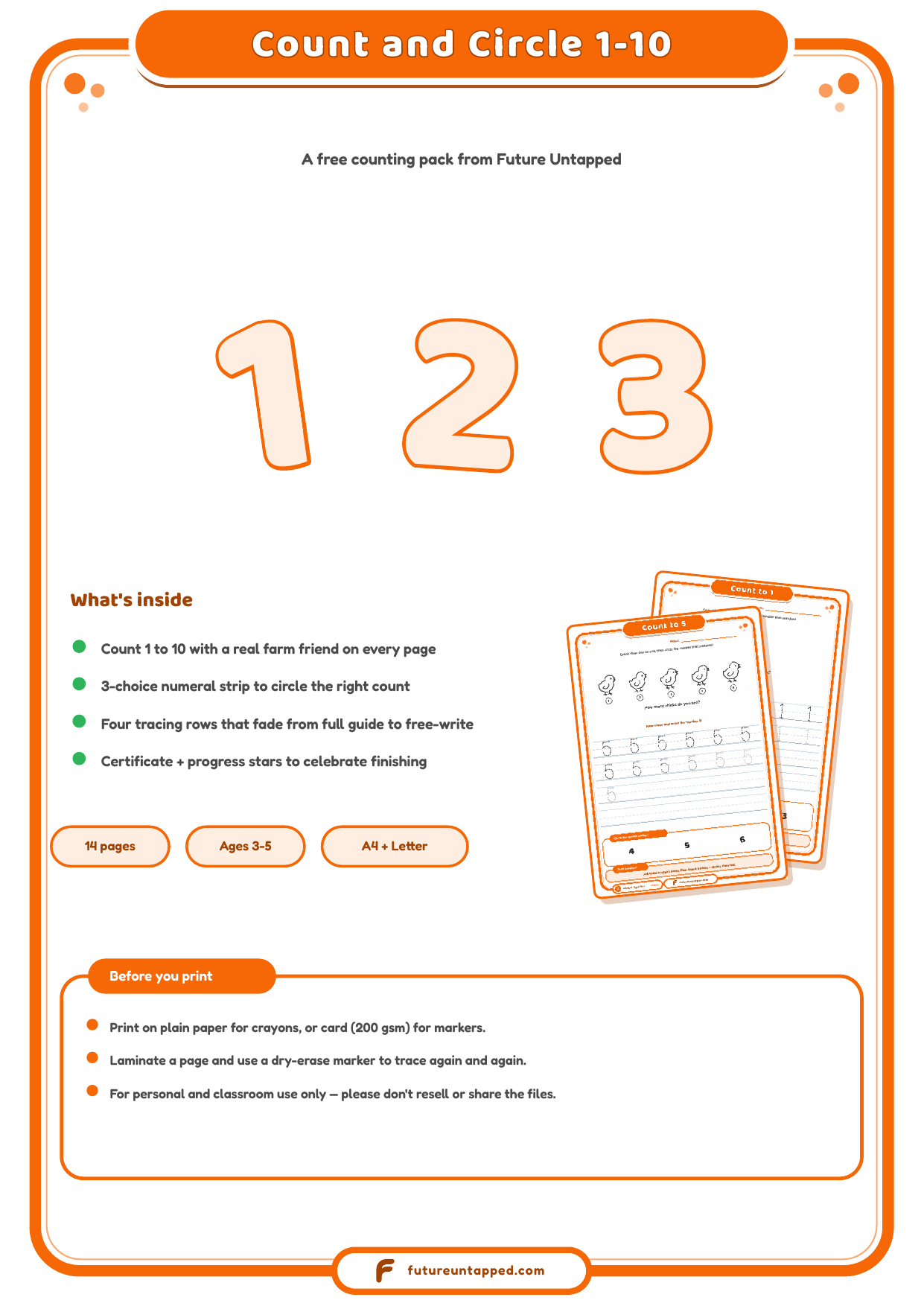 Cover of the Count and Circle 1-10 practice pack, showing the numbers 1, 2 and 3 with a summary of what's inside and the page count