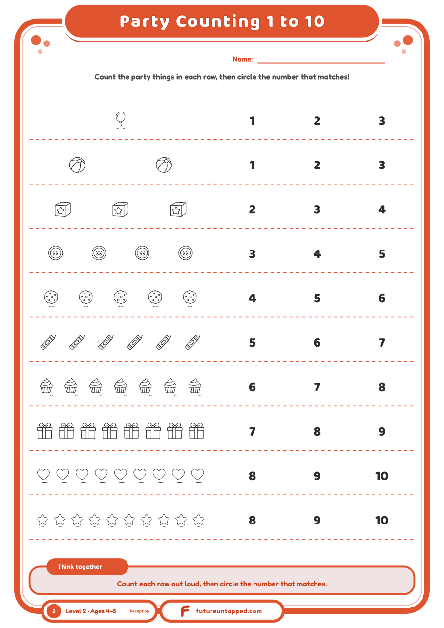 One free page: count party things from 1 to 10 and circle the matching number.