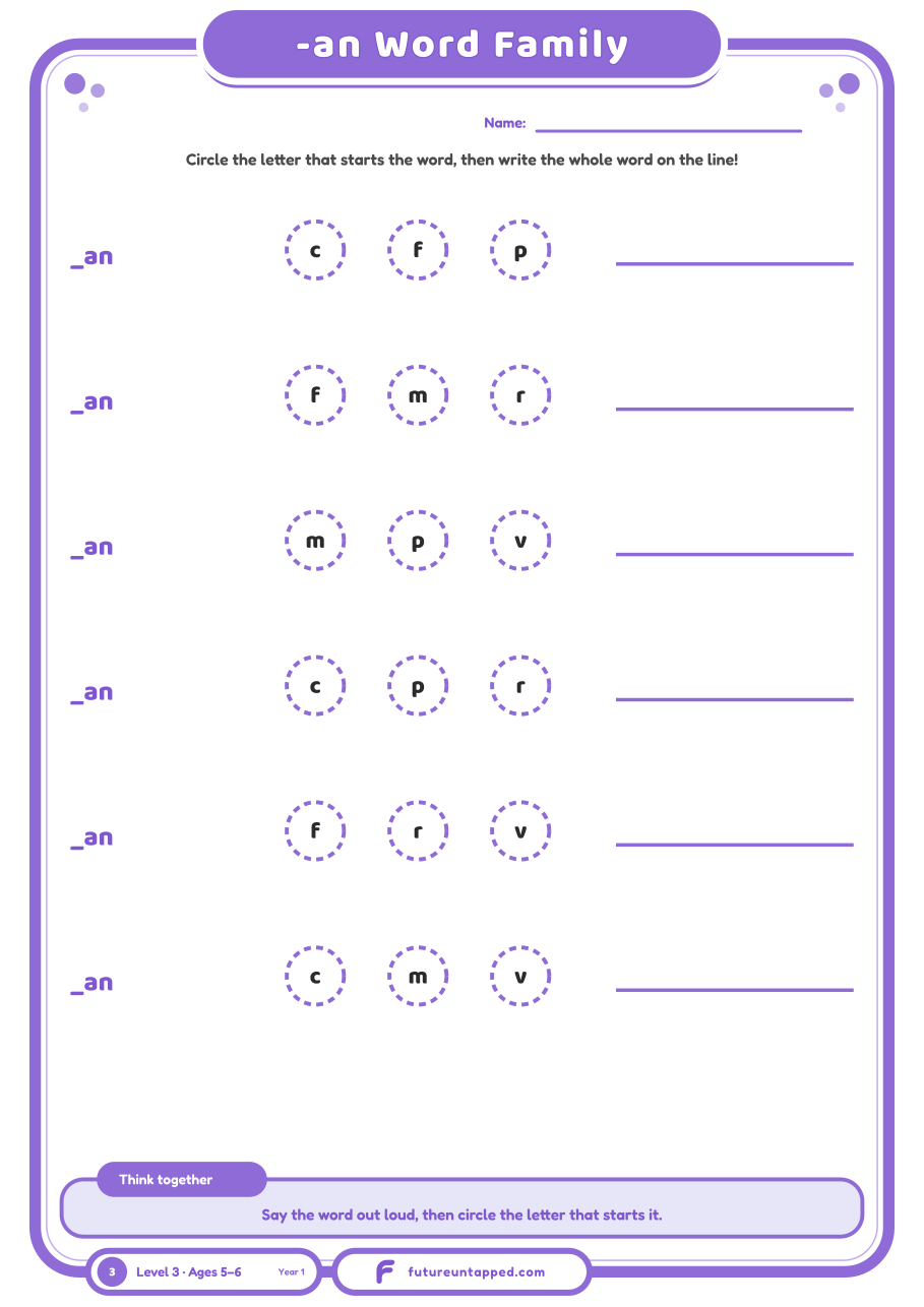 One free page: circle the right starting letter, then write six -an family words.
