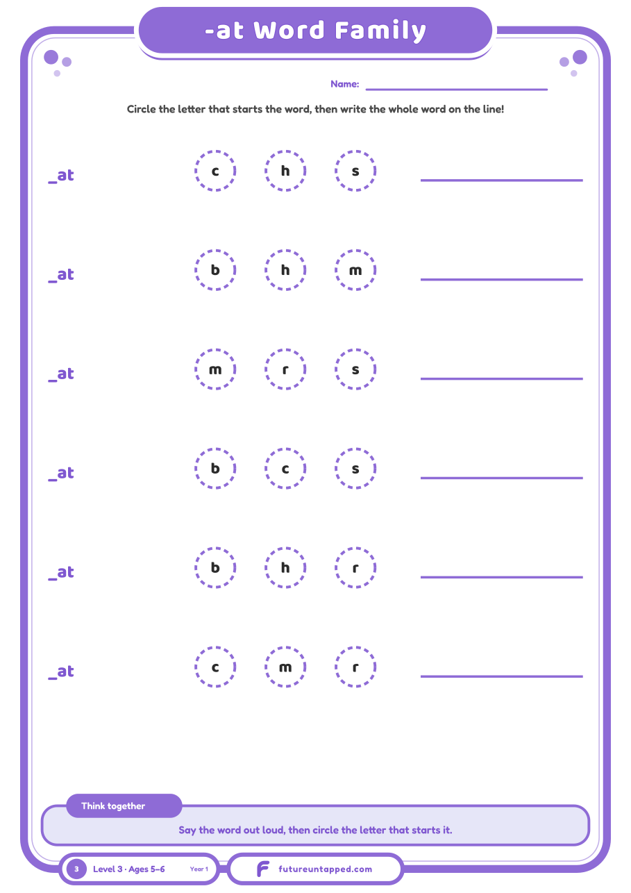 One free page: circle the right starting letter, then write six -at family words.