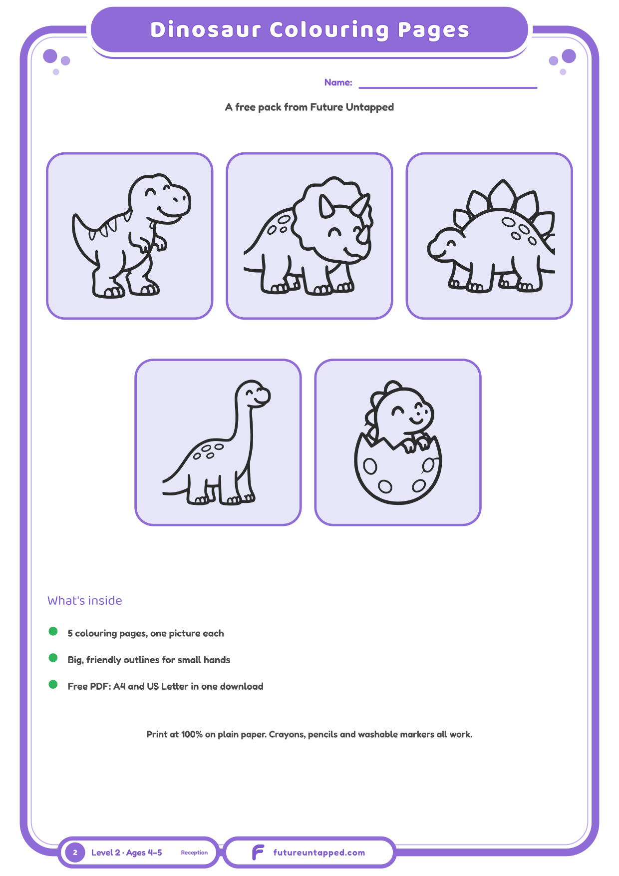 Cover of the free Dinosaur Coloring Pages pack showing five friendly pictures to colour in.