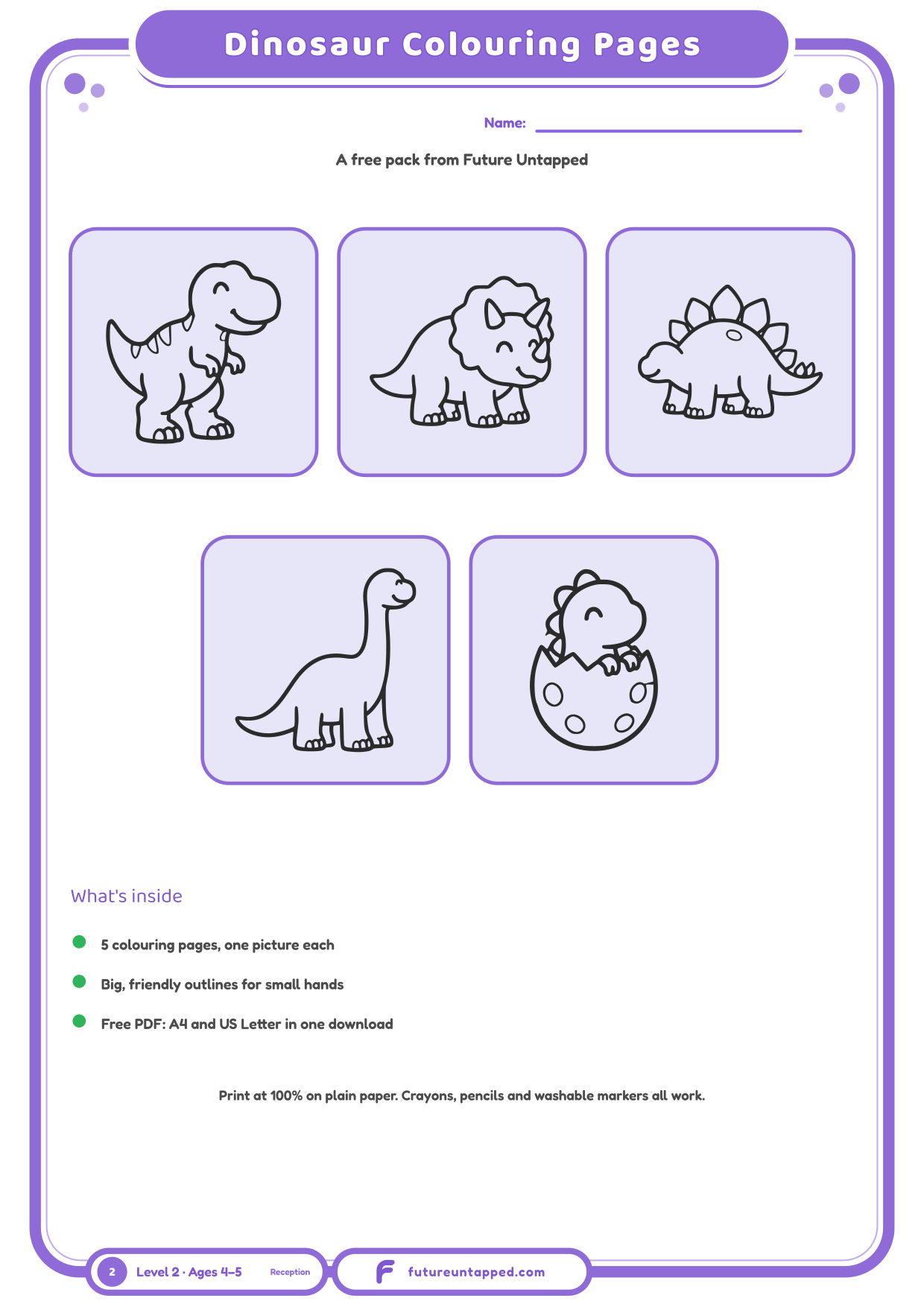 Cover of the free Dinosaur Coloring Pages pack showing five friendly pictures to colour in.