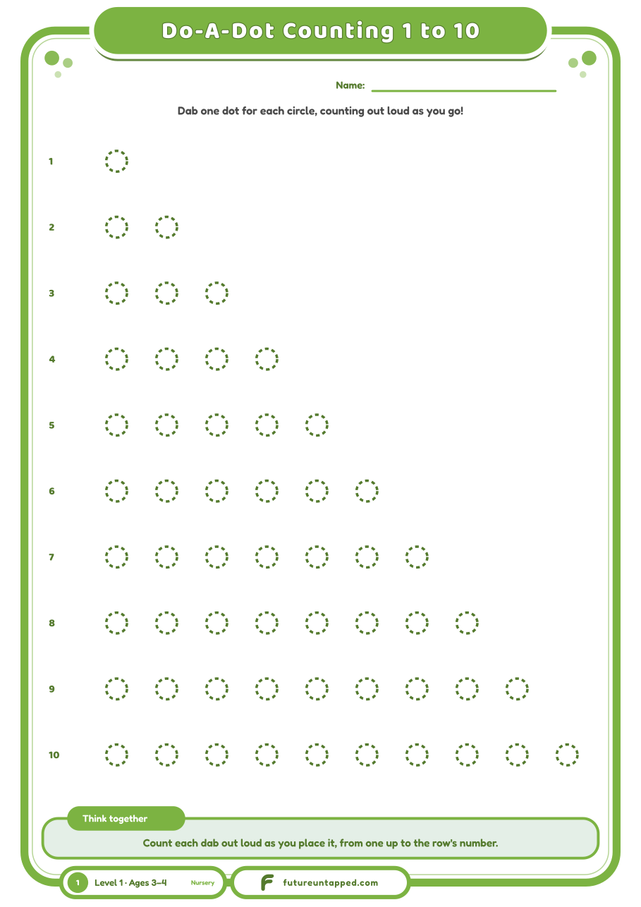 One free page: dab and count from 1 dot up to 10 dots, one row at a time.