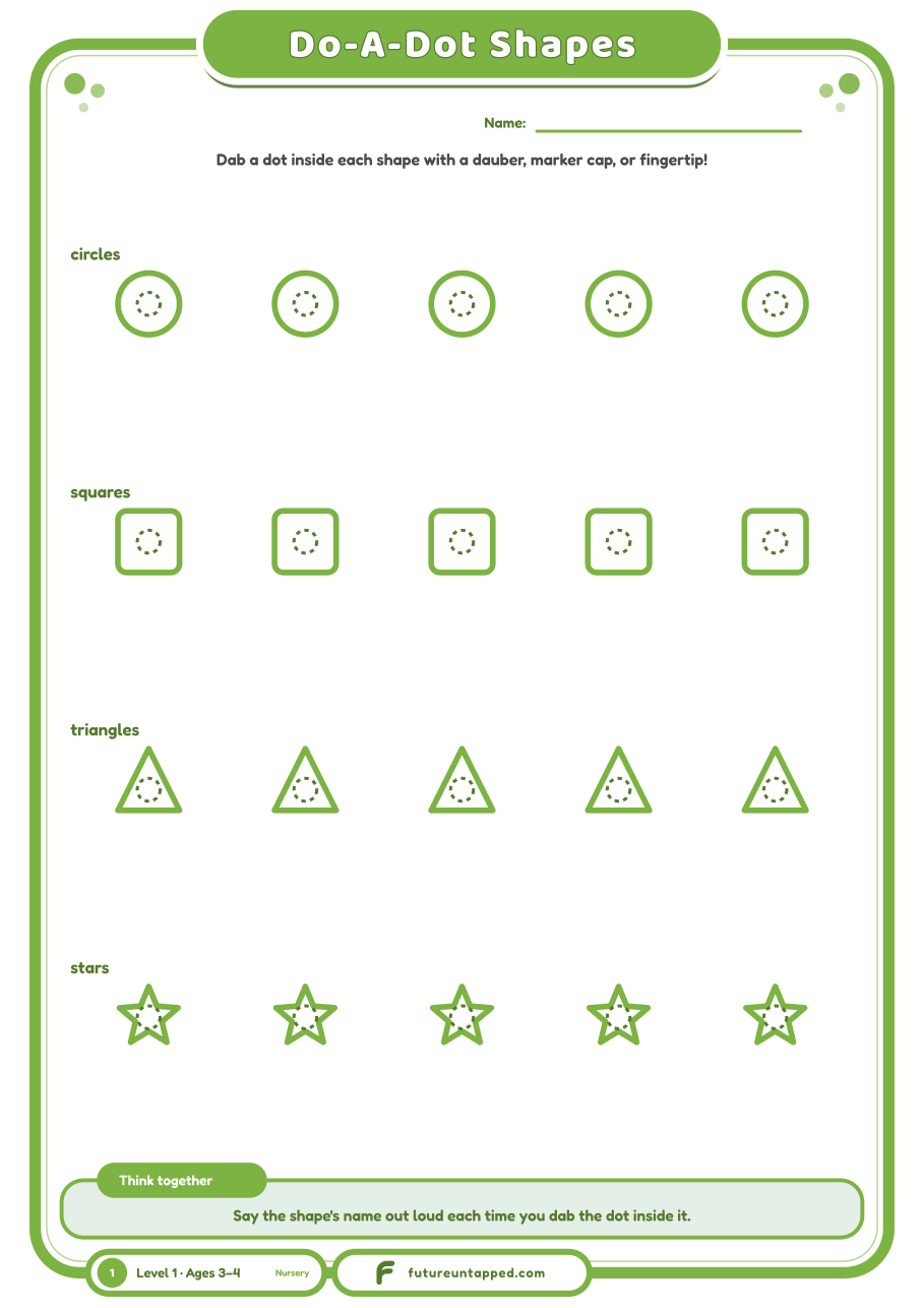 One free page: dab a dot inside each shape outline with a dauber, marker, or fingertip.