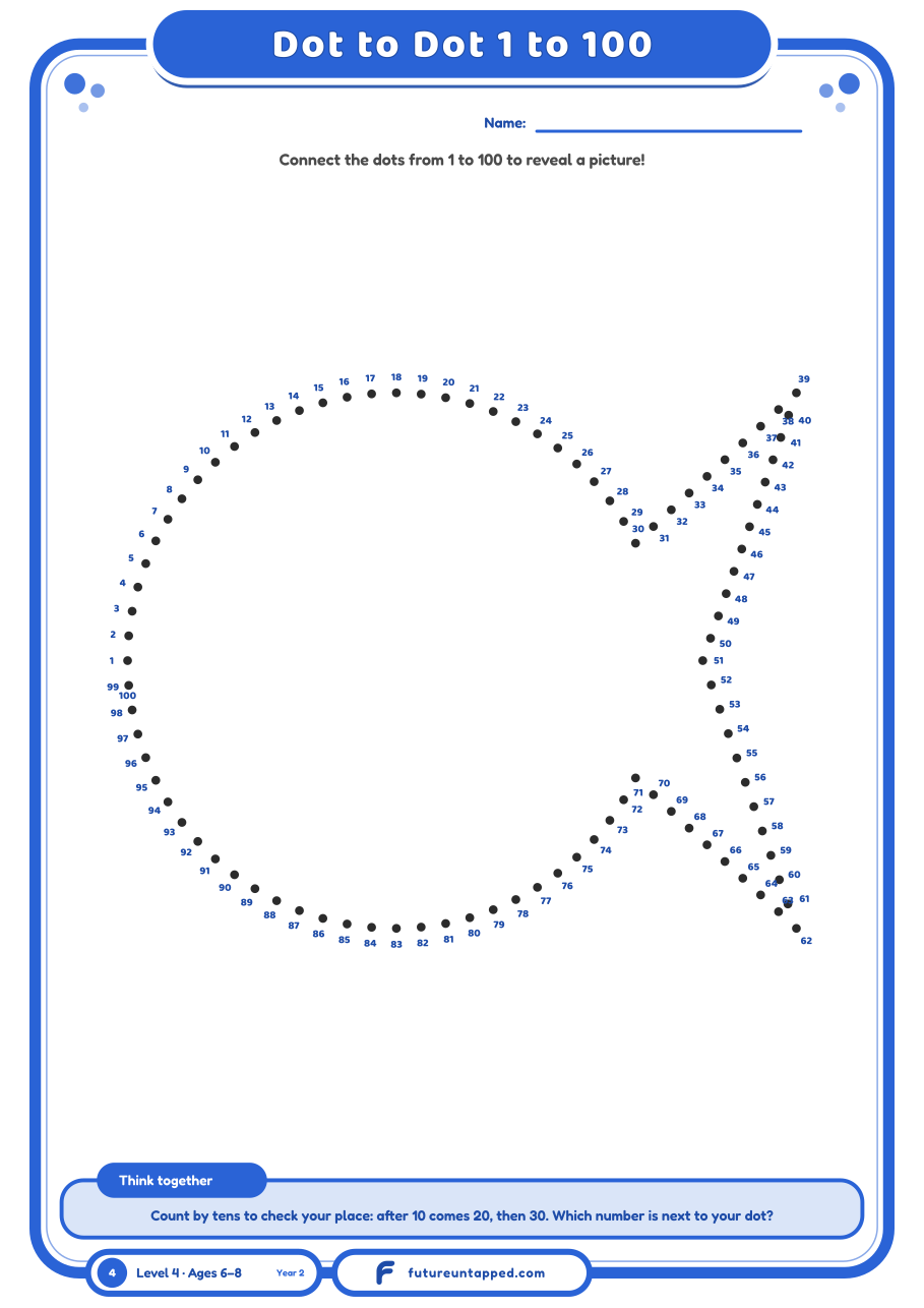 Free dot to dot 1 to 100 printable for 7 and 8 year olds: connect the dots in order to reveal a fish. A4 and Letter PDF, no email needed.