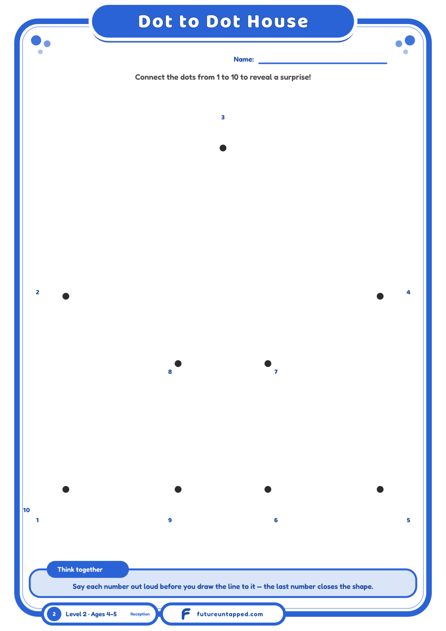 One free page: connect the dots from 1 to 10 to reveal a little house.