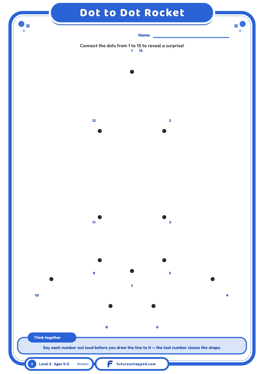 One free page: connect the dots from 1 to 13 to reveal a rocket ship.