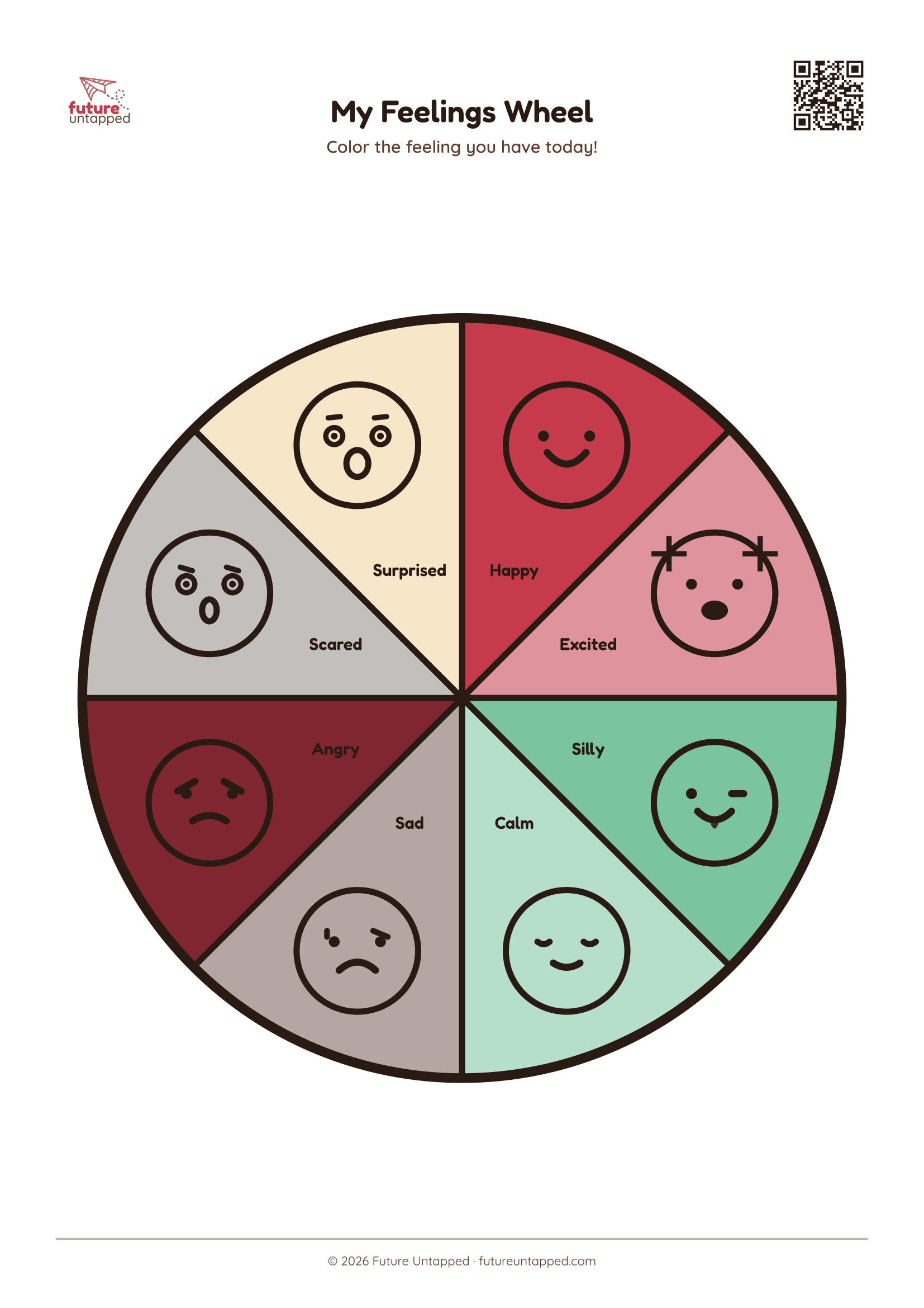 Feelings wheel worksheet showing eight colorful wedges, each with a simple round face and a feeling word — Happy, Excited, Silly, Calm, Sad, Angry, Scared, Surprised
