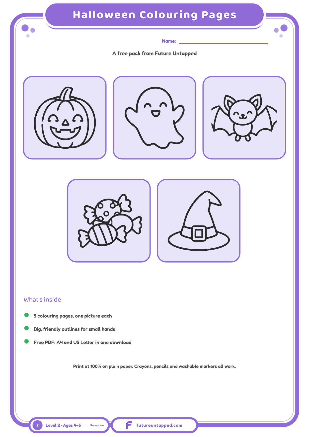 Cover of the free Halloween Coloring Pages pack showing five friendly pictures to colour in.