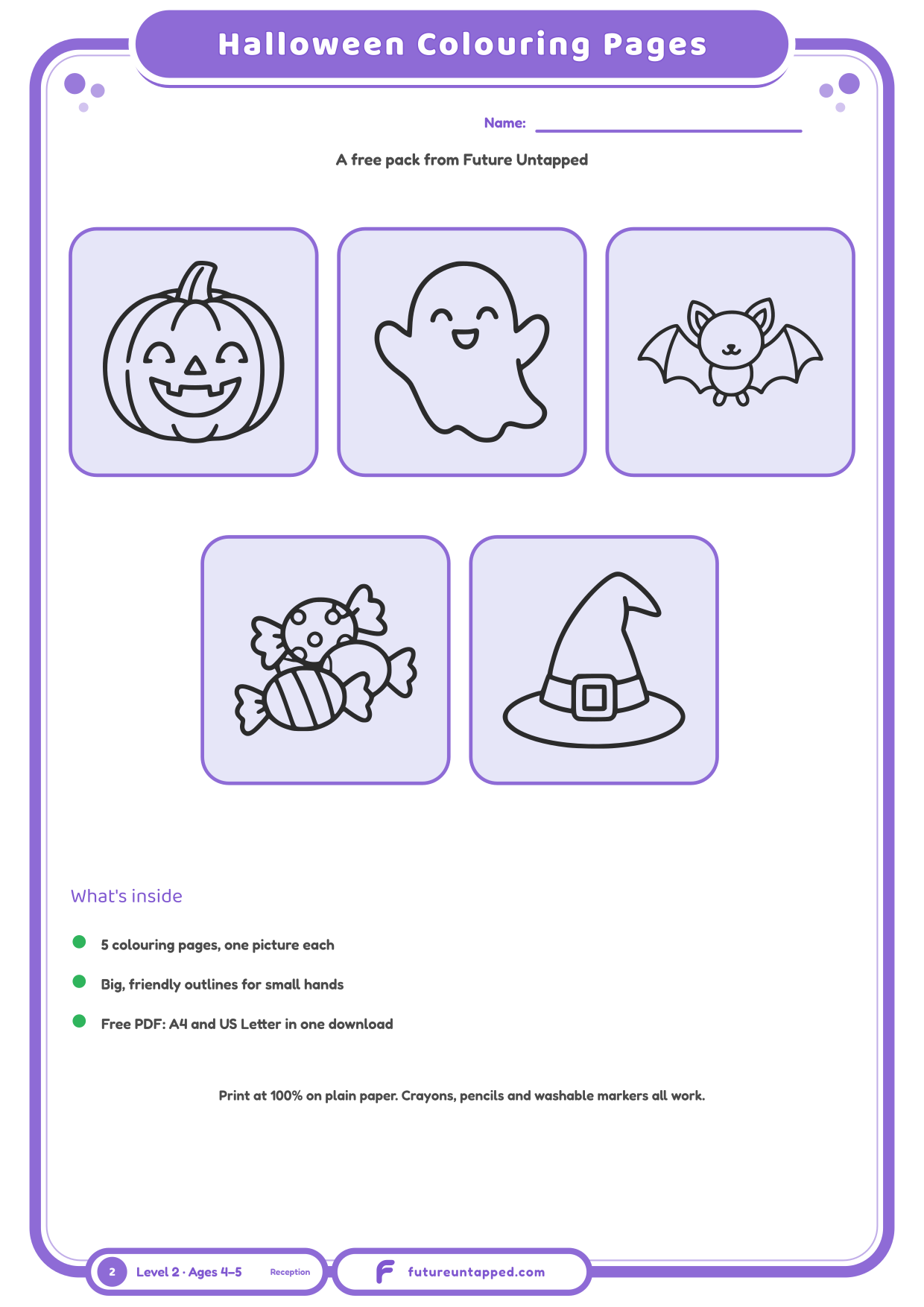 Cover of the free Halloween Coloring Pages pack showing five friendly pictures to colour in.