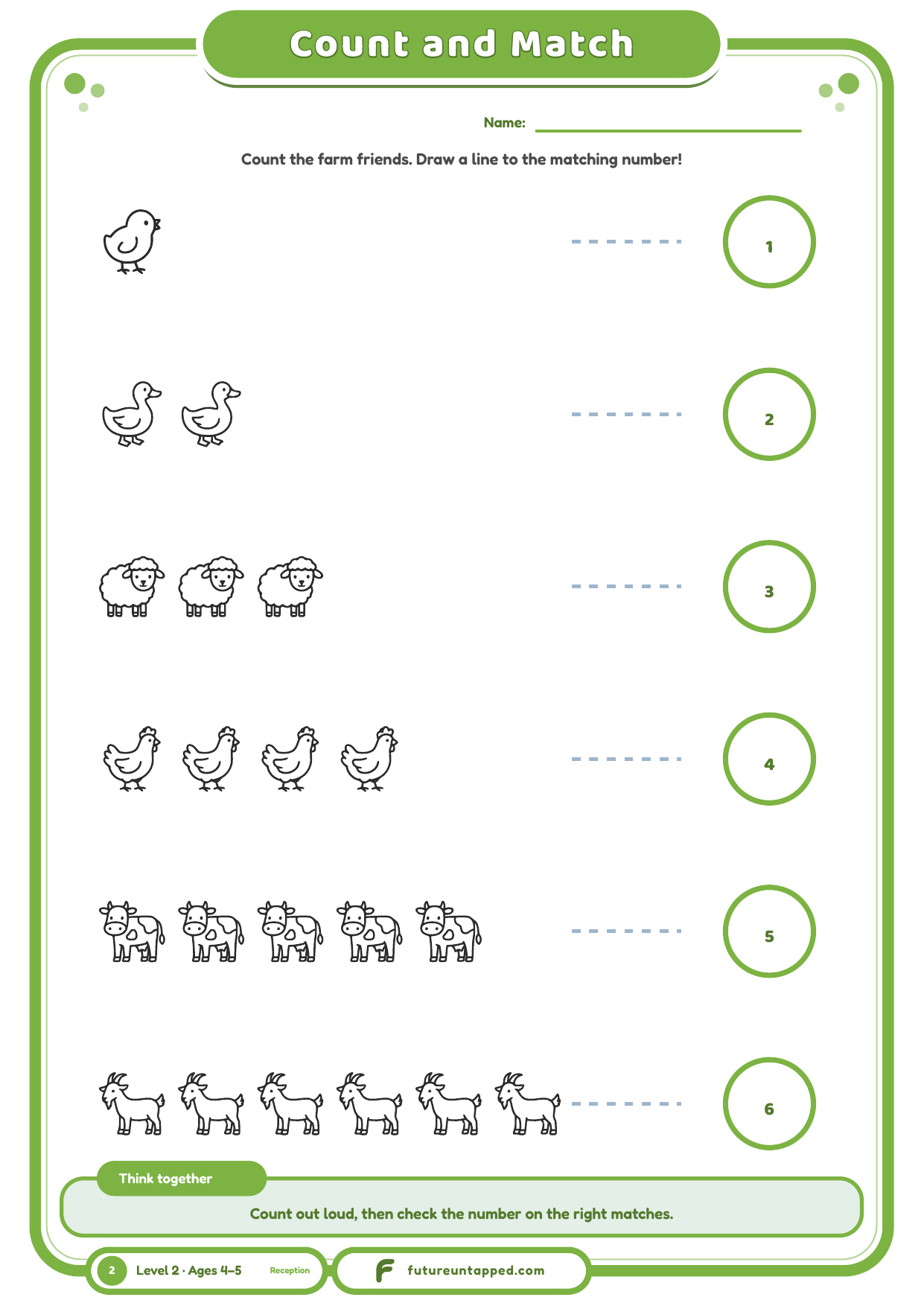 One free page: count the farm friends, then draw a line to the matching number.