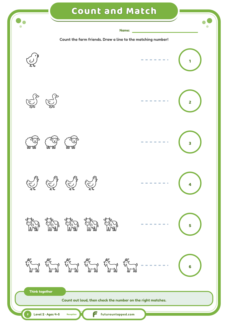 Free count and match worksheet for 4 and 5 year olds: count the farm friends, then draw a line to the matching number from 1 to 6. A4 and Letter PDF, no email needed.