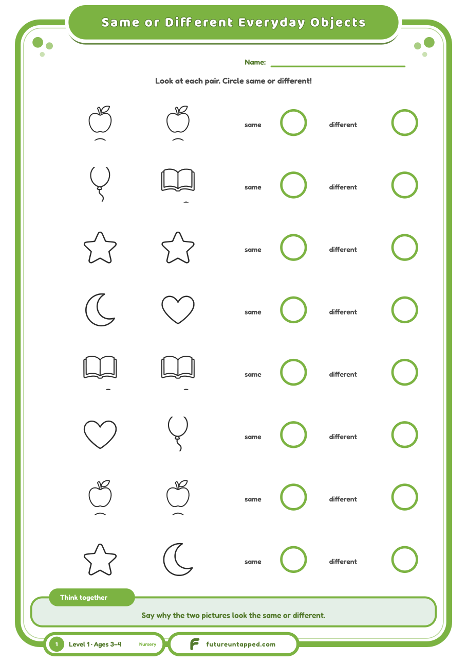 One free page: look at each pair of everyday objects and circle same or different.