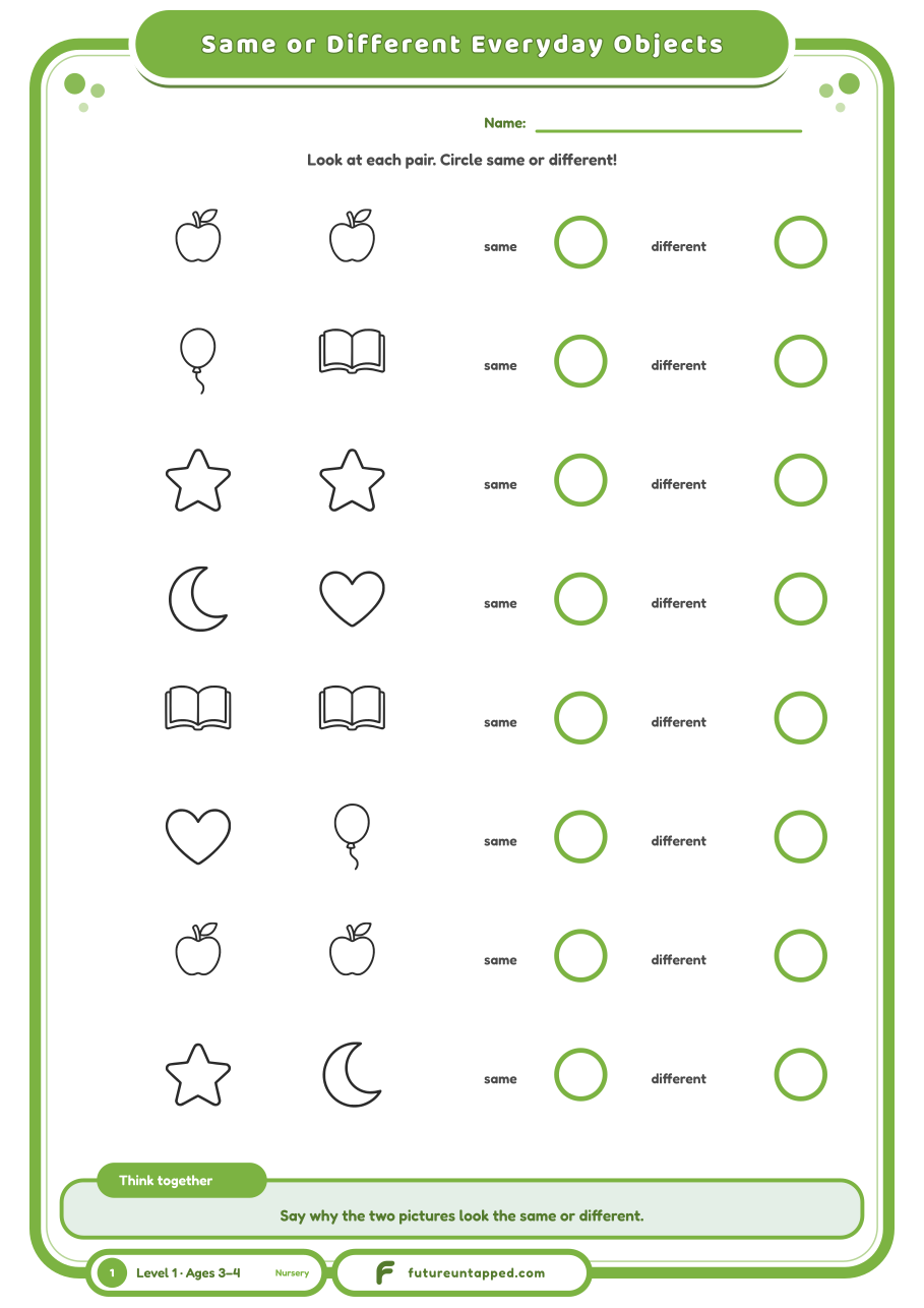One free page: look at each pair of everyday objects and circle same or different.