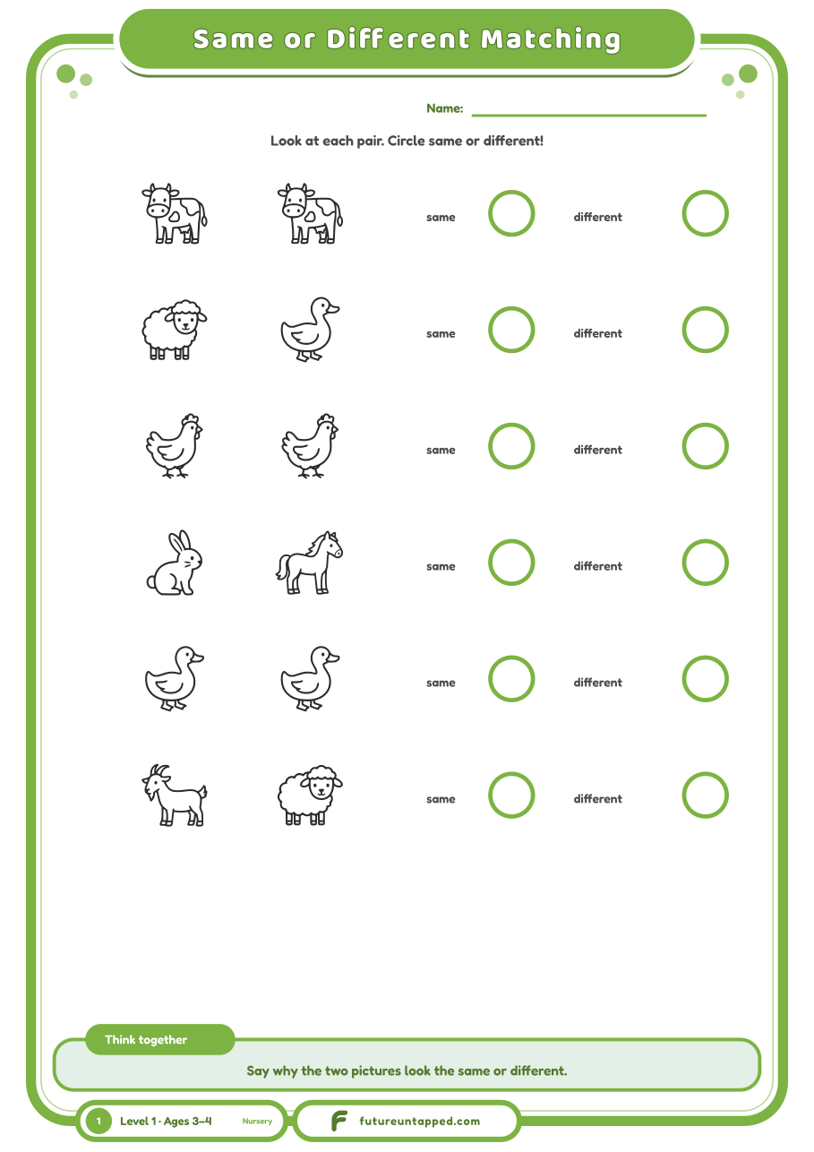 One free page: look at each farm pair and circle same or different.