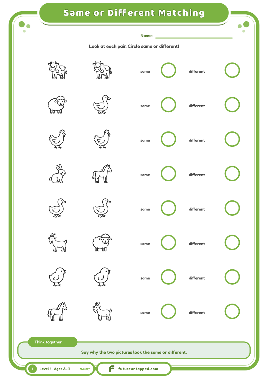 One free page: look at each farm pair and circle same or different.