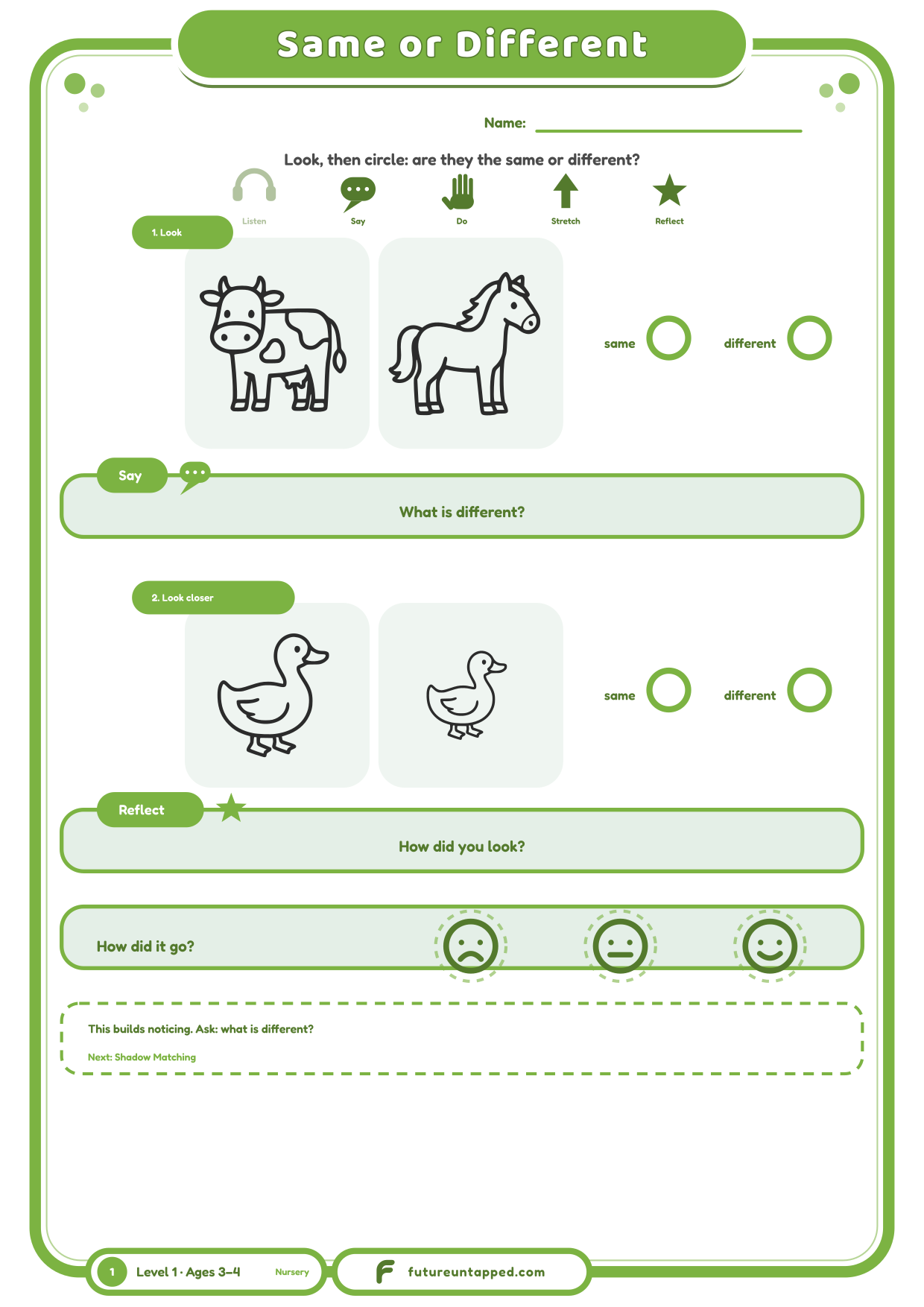 One free page: look at each farm pair and circle same or different.