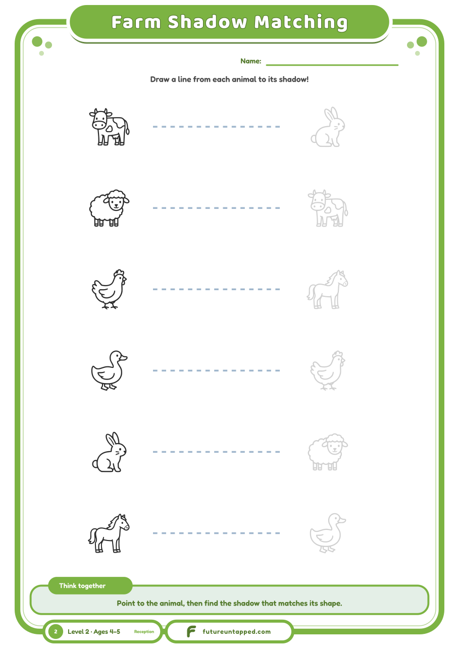 One free page: match each farm animal to its shadow.