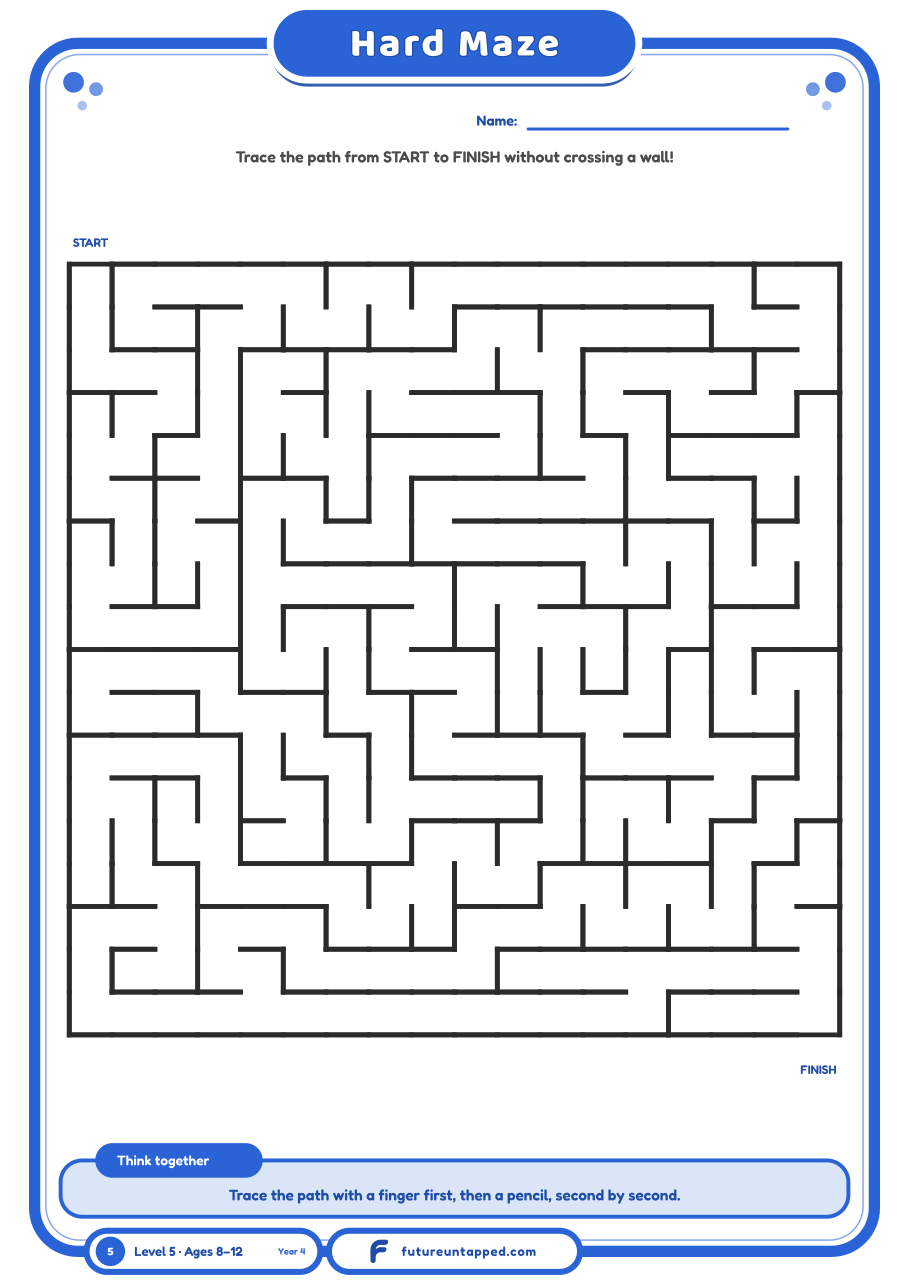 One free page: a challenging 18x18 maze for kids who've outgrown the easier sizes.