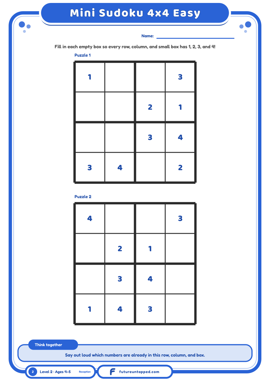 One free page: two easy 4x4 sudoku puzzles, numbers 1 to 4 only.