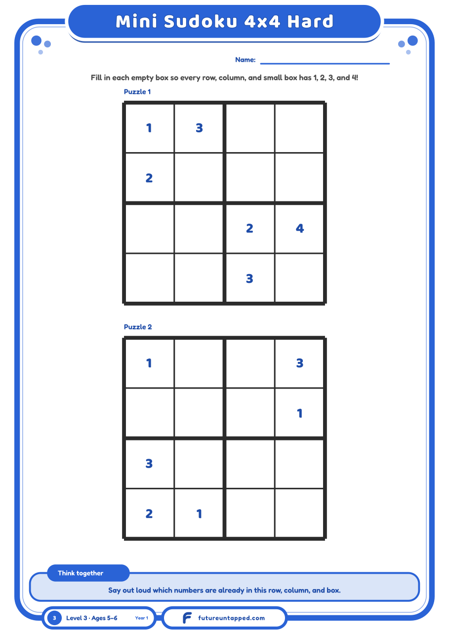 One free page: two harder 4x4 sudoku puzzles with fewer starting numbers.