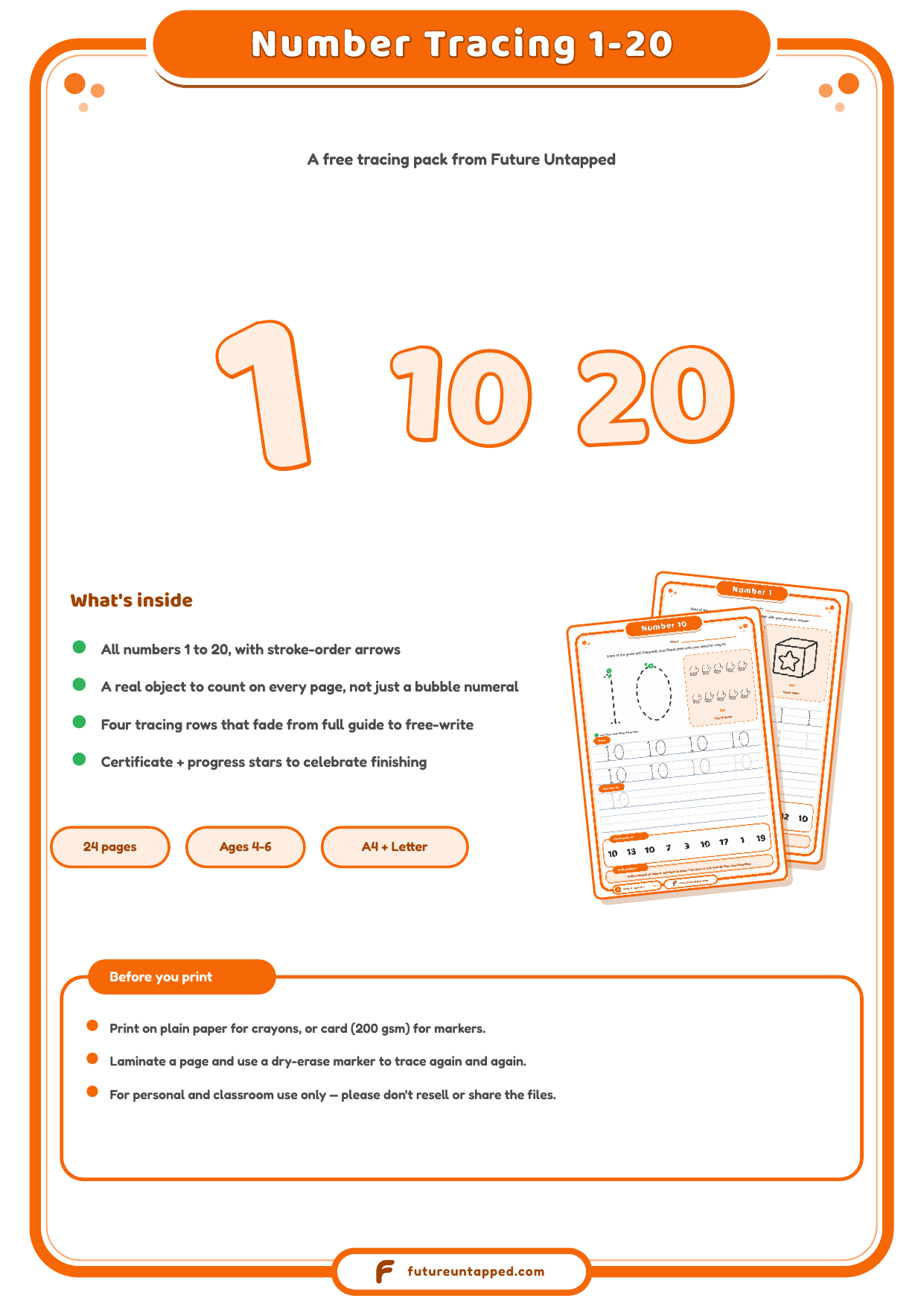 Cover of the Number Tracing 1-20 practice pack, showing the numbers 1, 10 and 20 with a summary of what's inside and the page count