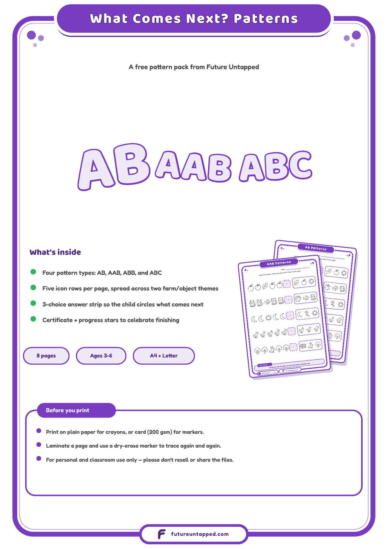 Cover of the Patterns: What Comes Next? practice pack, showing AB, AAB and ABC pattern labels with a summary of what's inside and the page count