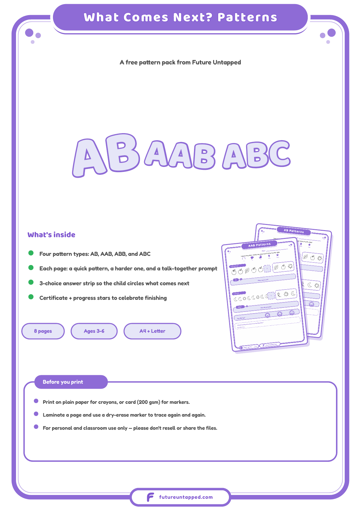 Cover of the Patterns: What Comes Next? practice pack, showing AB, AAB and ABC pattern labels with a summary of what's inside and the page count