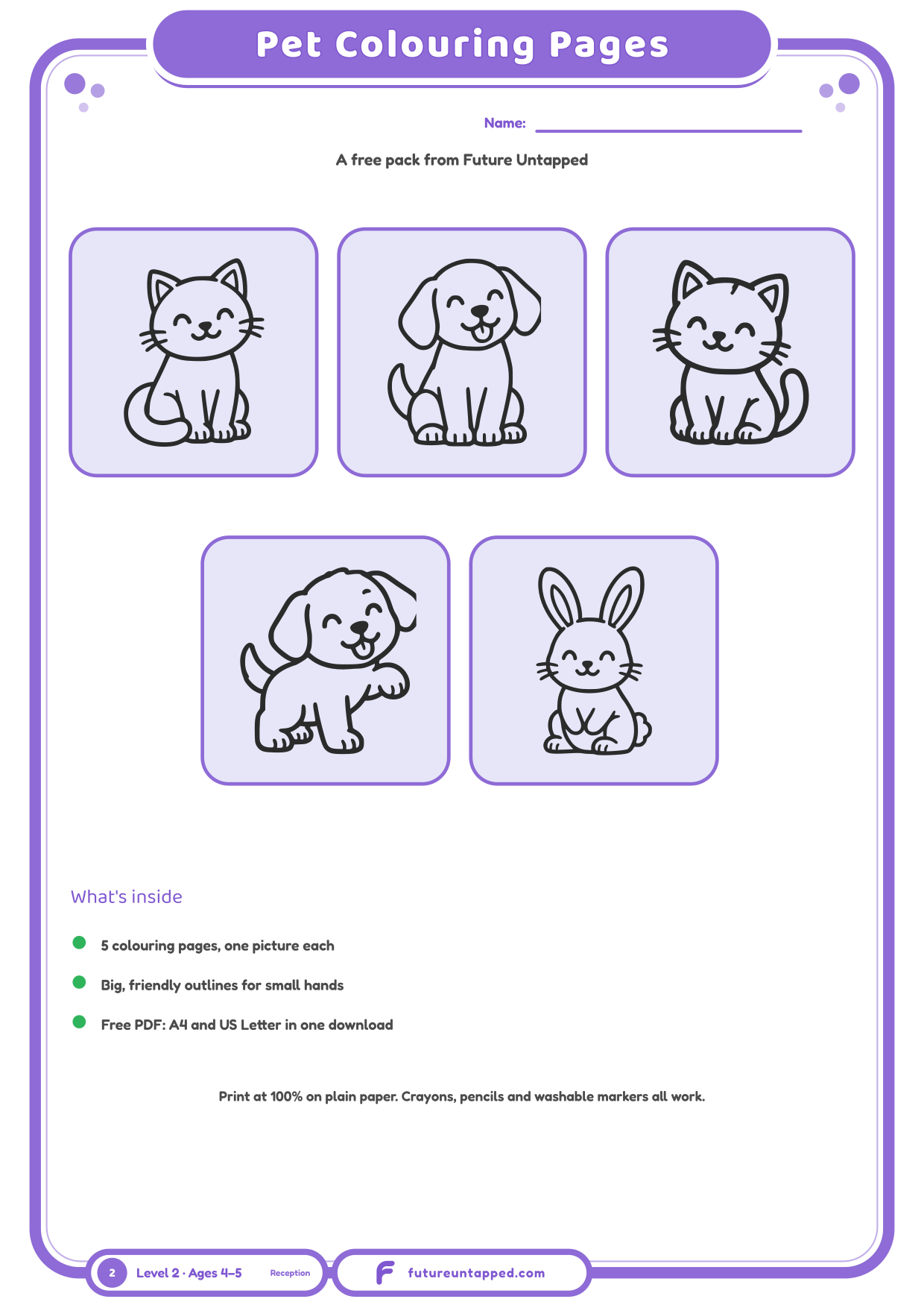 Cover of the free Pet Coloring Pages pack showing five friendly pictures to colour in.