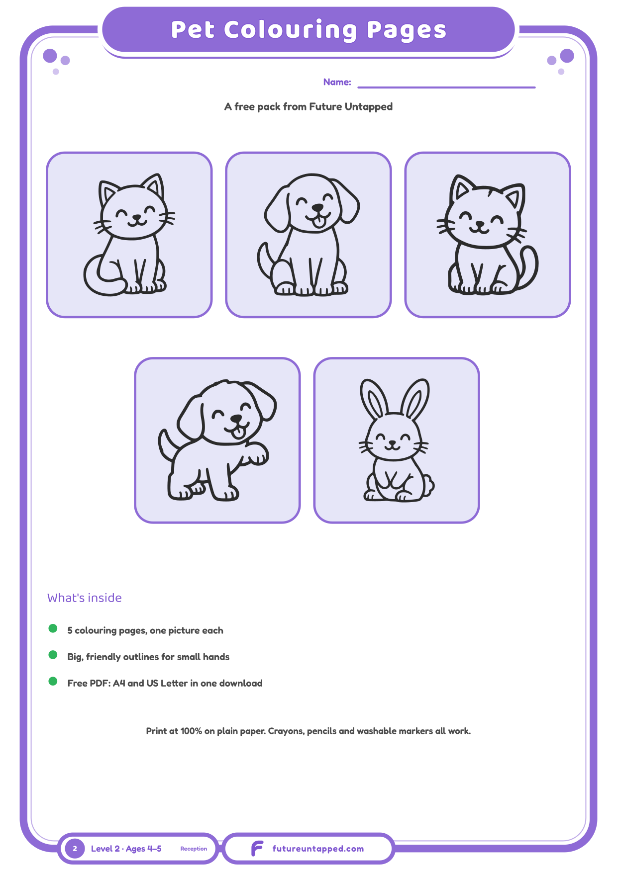 Cover of the free Pet Coloring Pages pack showing five friendly pictures to colour in.