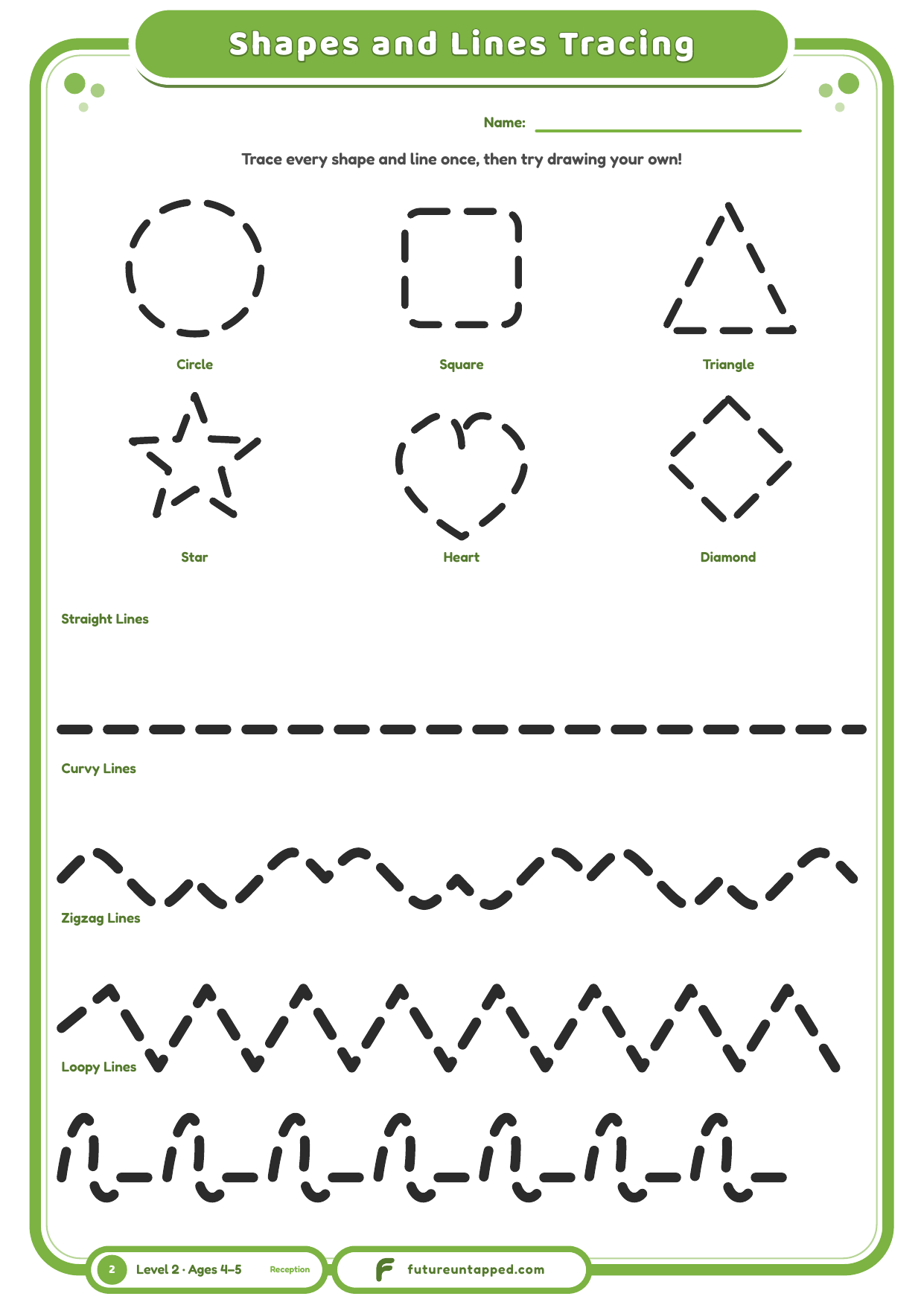 Shapes and Lines Tracing quick sheet showing six shapes and four pre-writing line patterns, one of each to trace