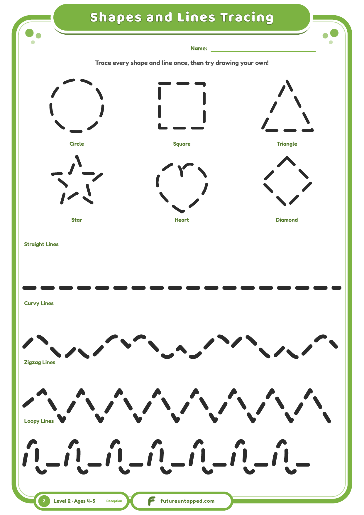 Shapes and Lines Tracing quick sheet showing six shapes and four pre-writing line patterns, one of each to trace