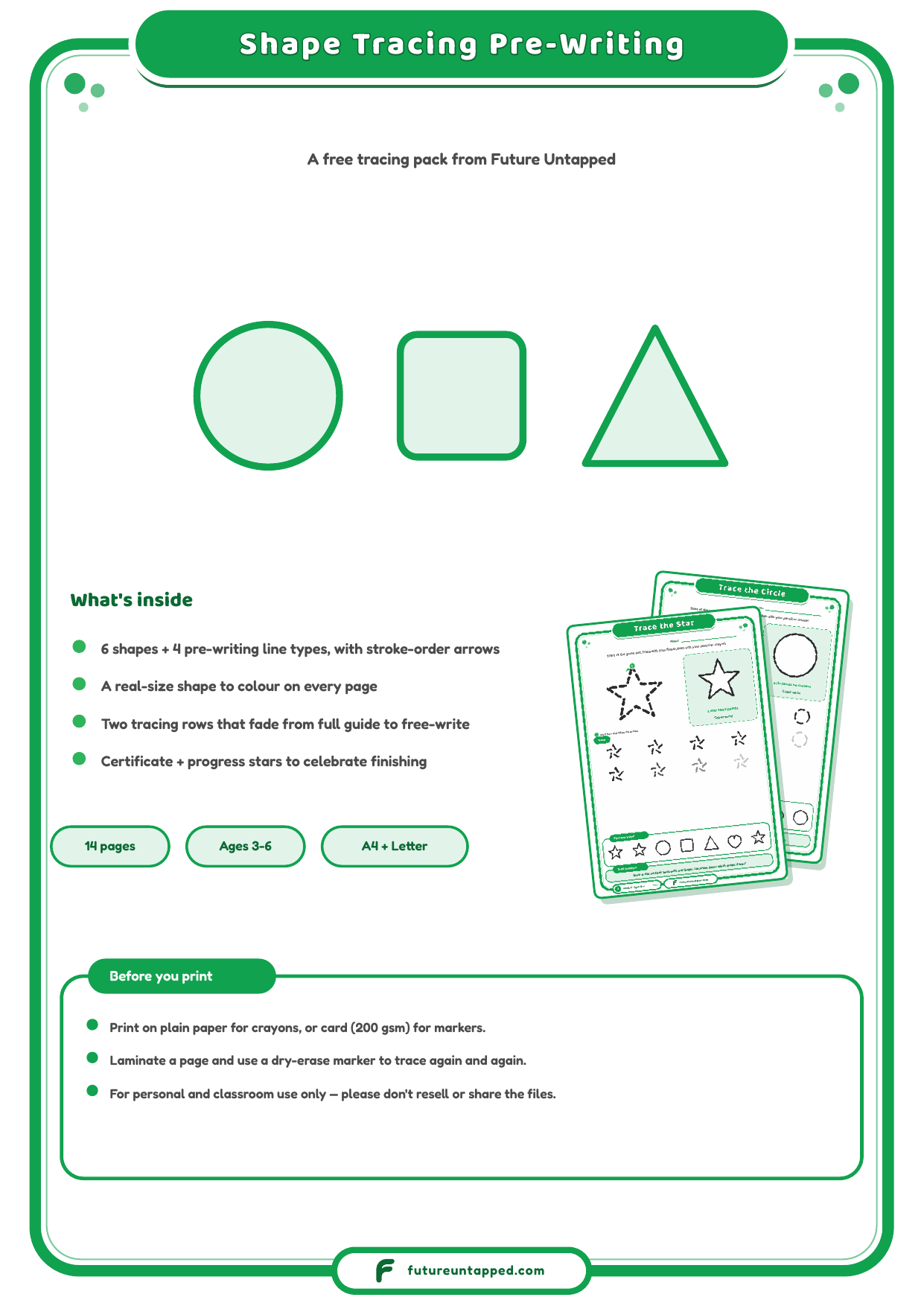 Cover of the Shape Tracing & Pre-Writing Lines practice pack, showing a circle, square and triangle with a summary of what's inside and the page count